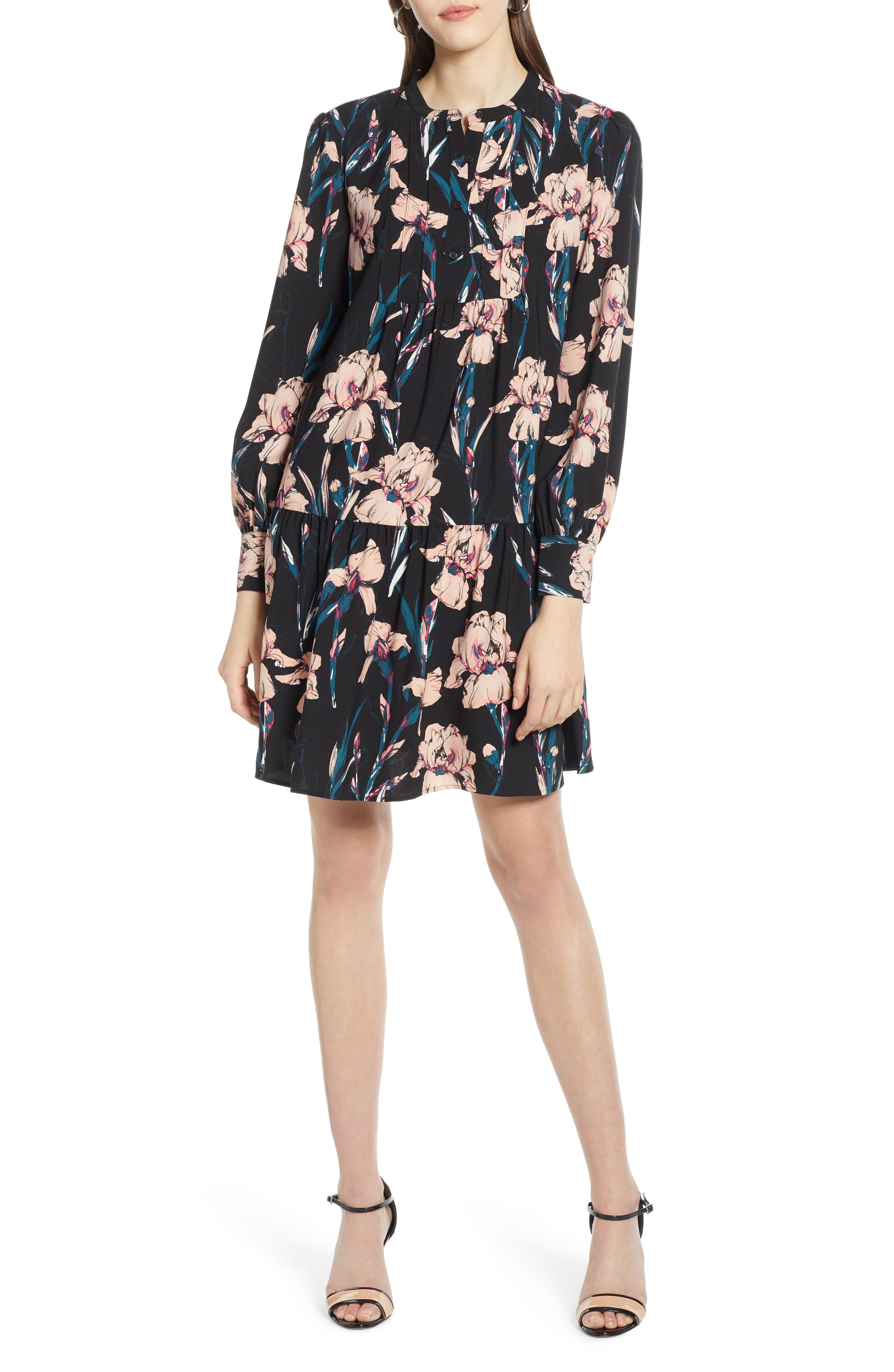 Halogen Pintuck Detail Shift Dress, Black