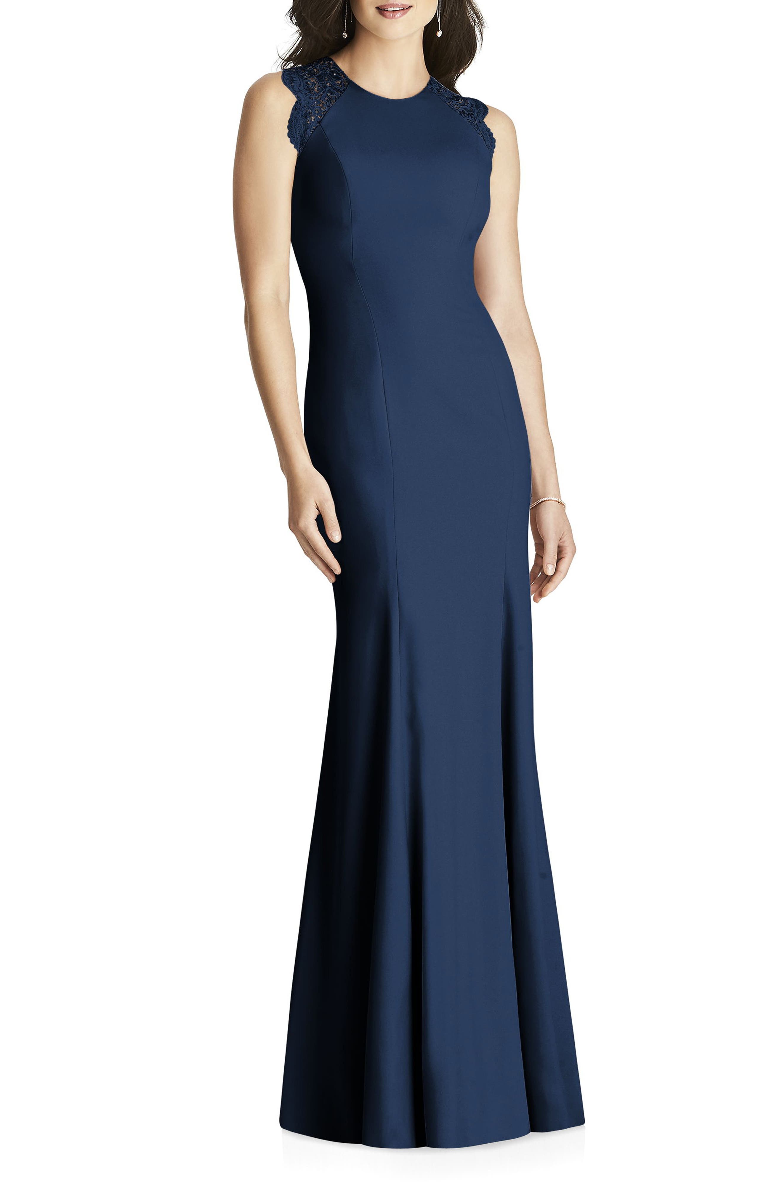 Dessy Collection Lace Back Crepe Gown, Blue