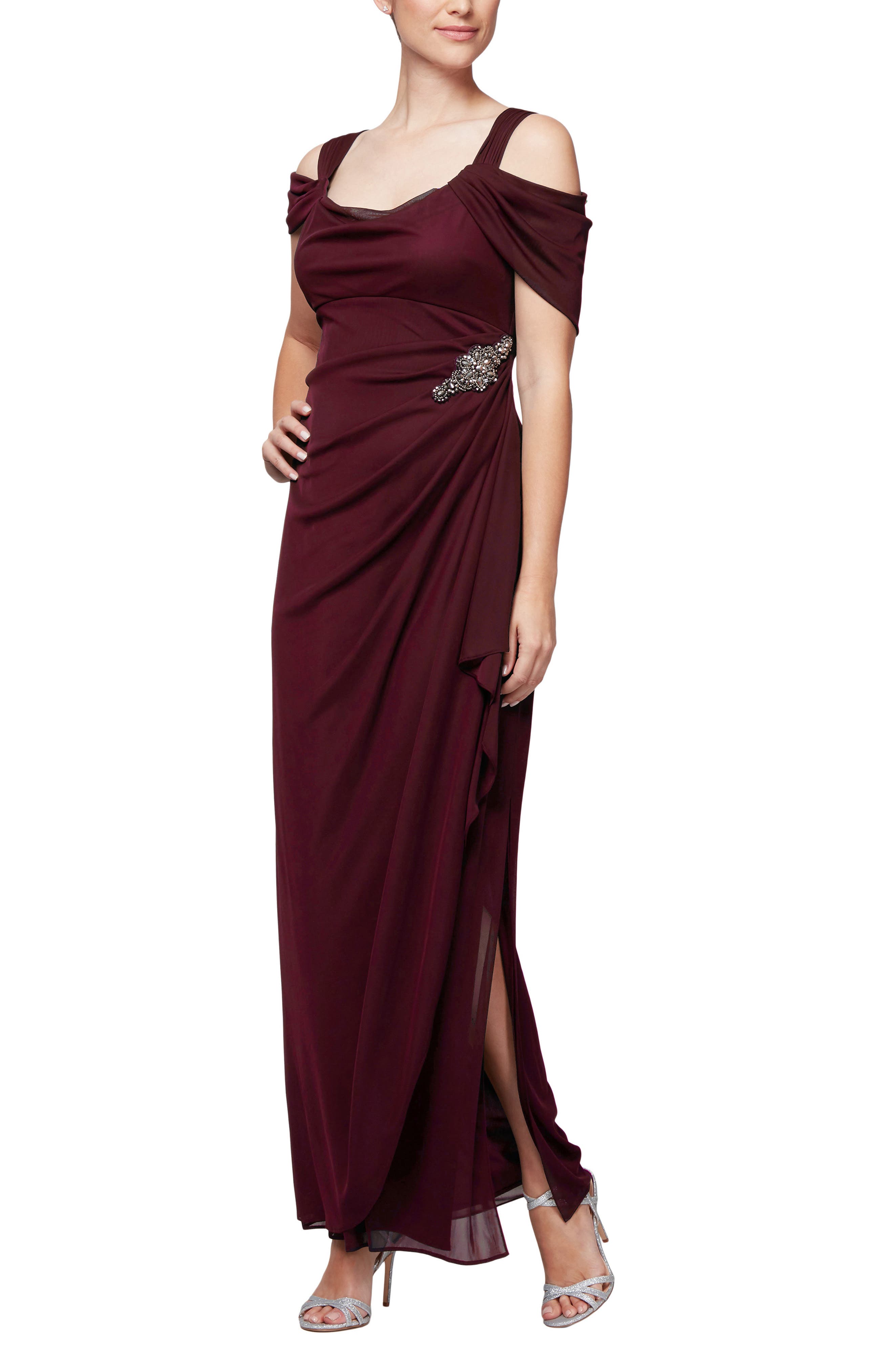 Alex Evenings Embellished Cold Shoulder Gown, Burgundy