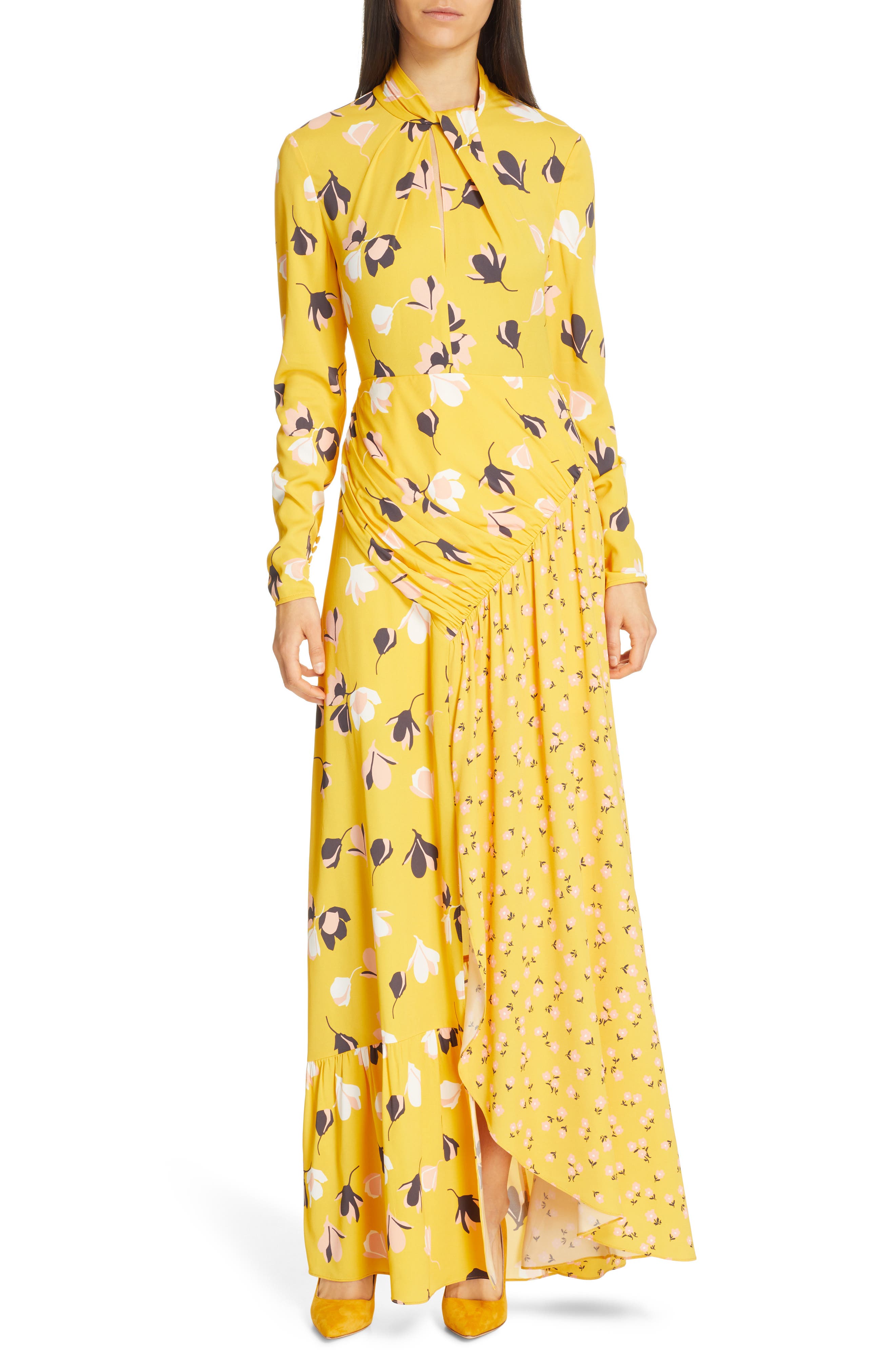 Self-Portrait Floral Print Twist Neck Long Sleeve Maxi Dress, Yellow