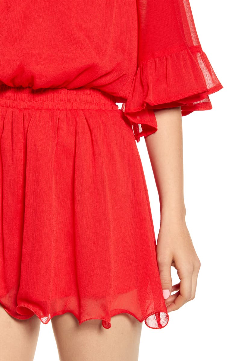 Shop Endless Rose Off The Shoulder Ruffle Sleeve Romper In Red