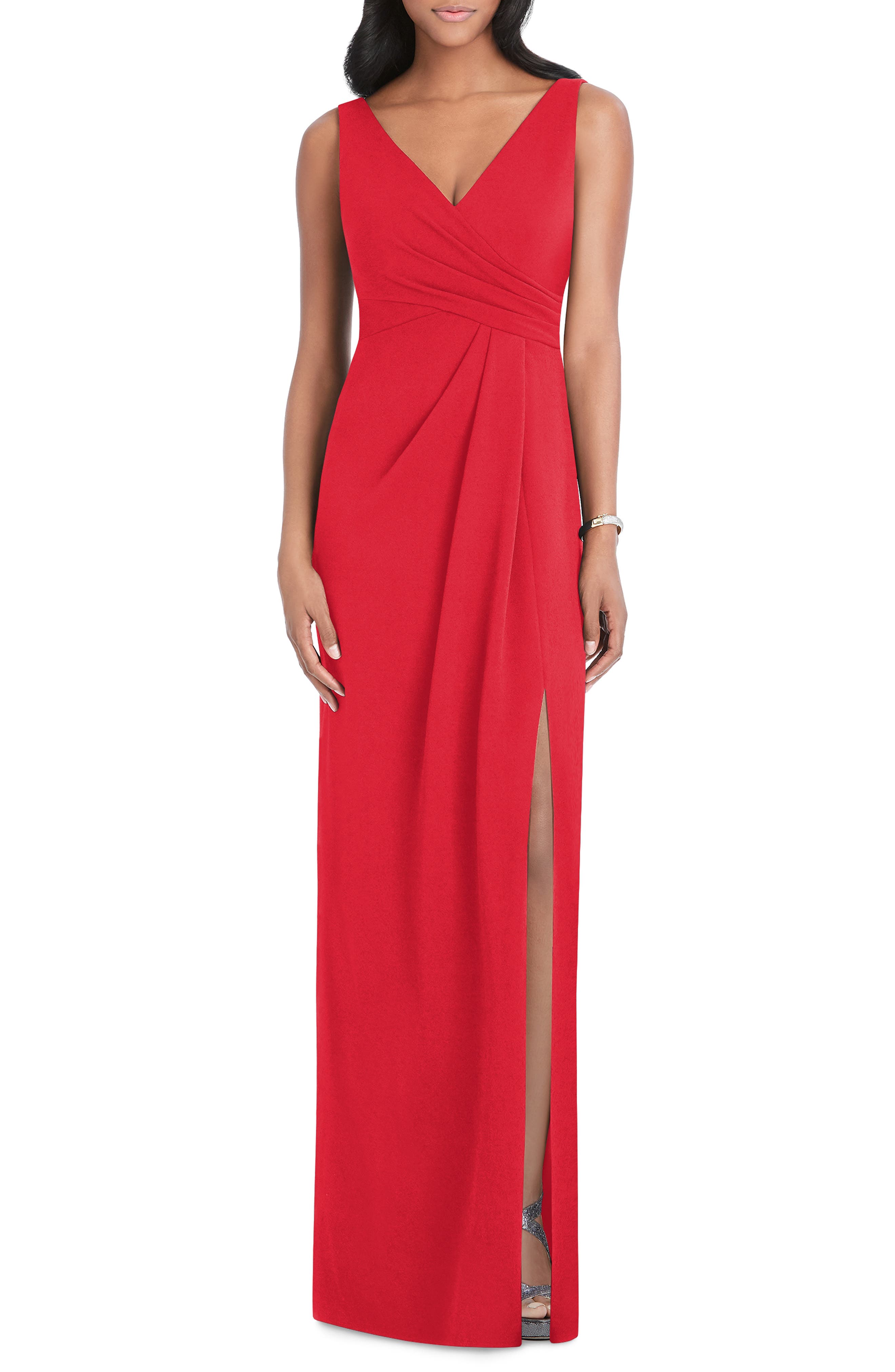 After Six Pleated Surplice Stretch Crepe Gown, Red