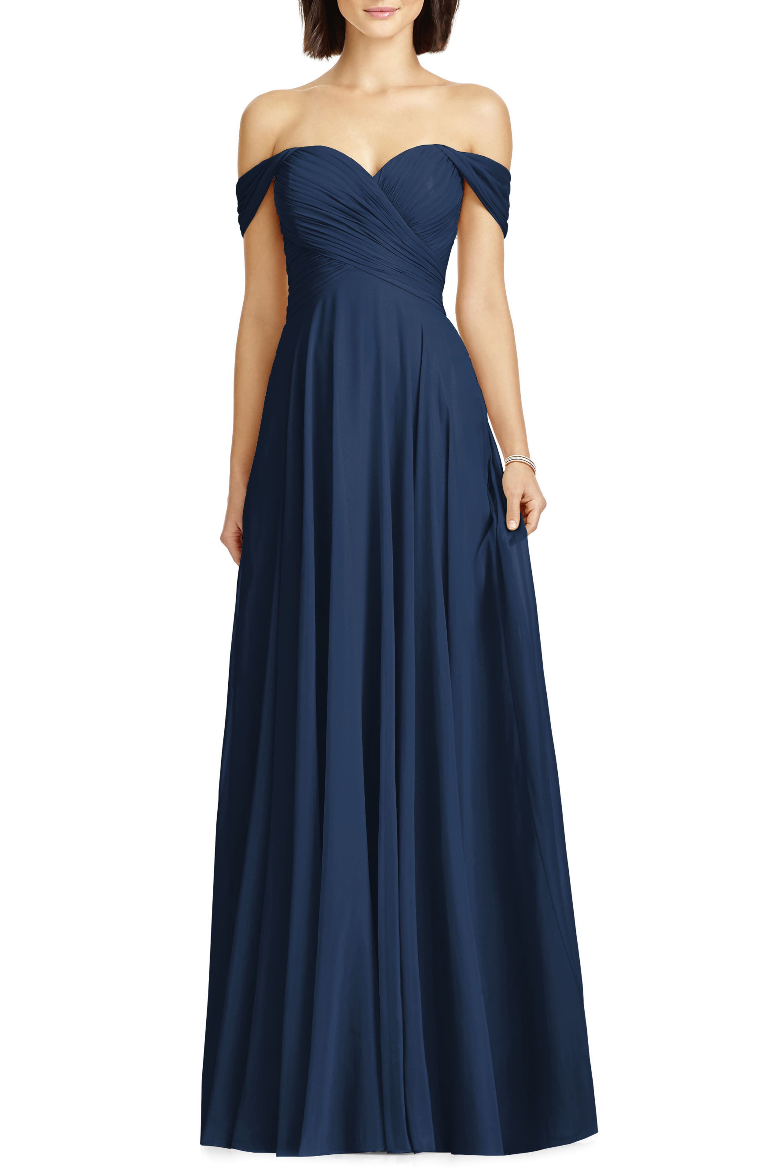 Dessy Collection Lux Ruched Off The Shoulder Chiffon Gown, Blue