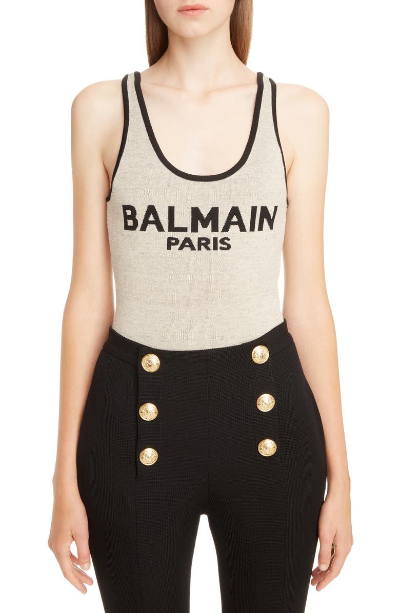 Balmain Scoop Neck Logo Bodysuit In Gba Beig