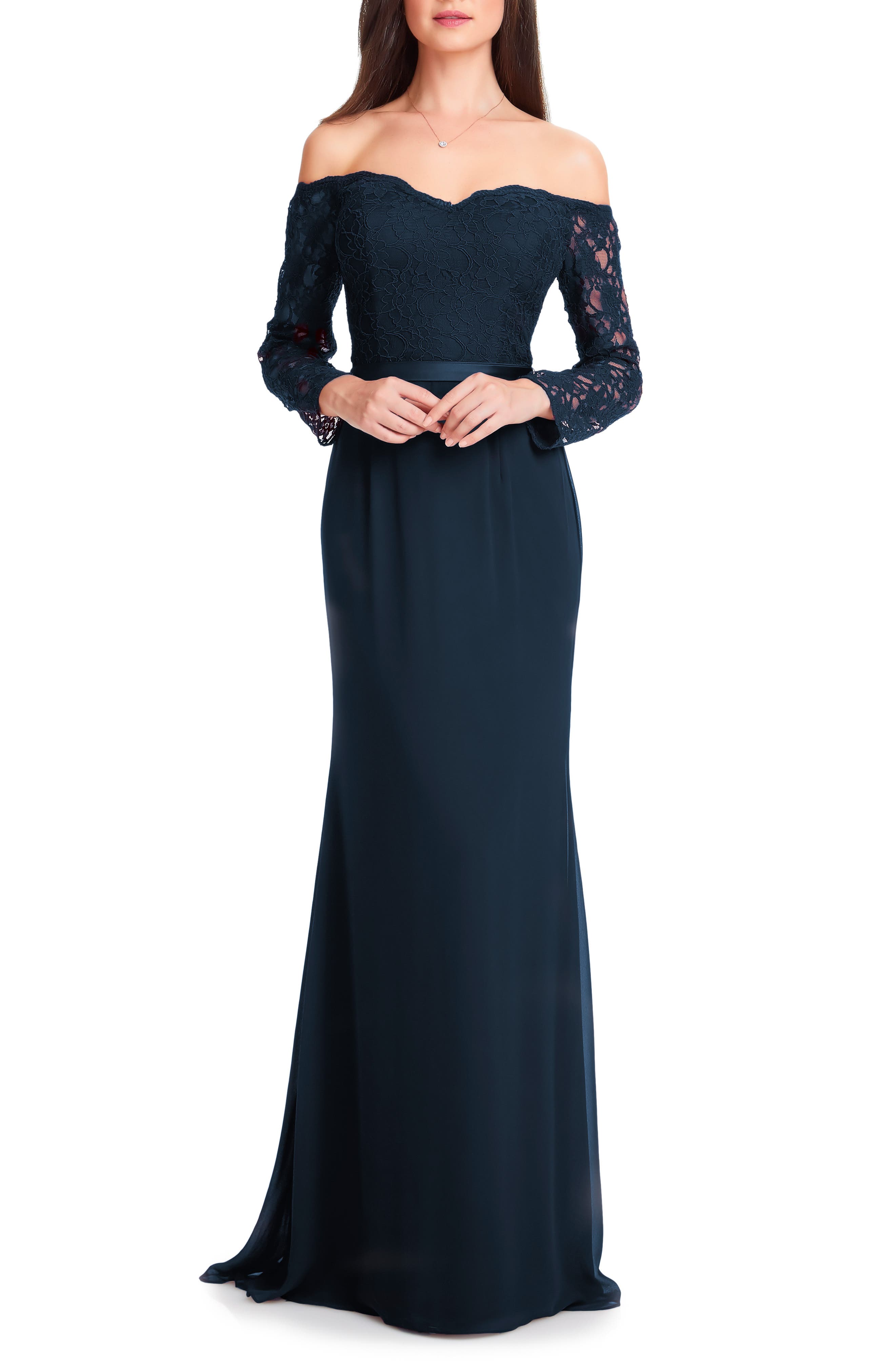 #levkoff Off The Shoulder Three-Quarter Sleeve Gown, Blue