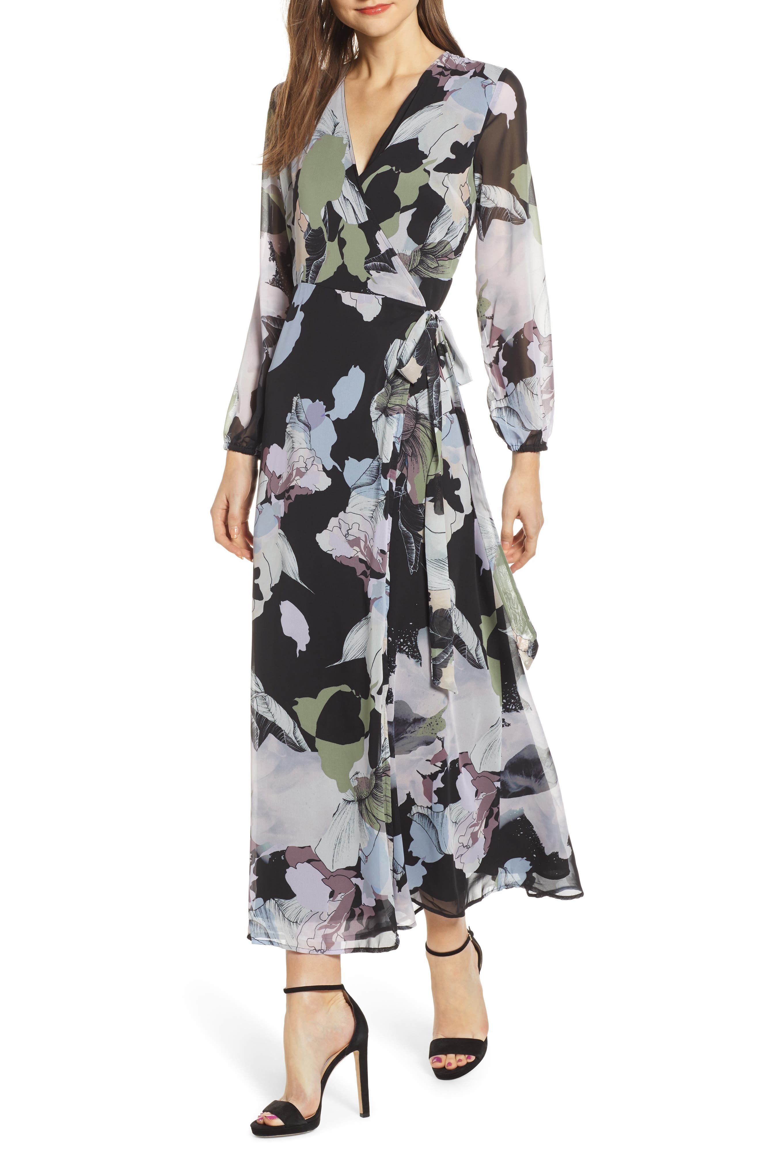 Love, Fire Floral Print Long Sleeve Maxi Wrap Dress, Black