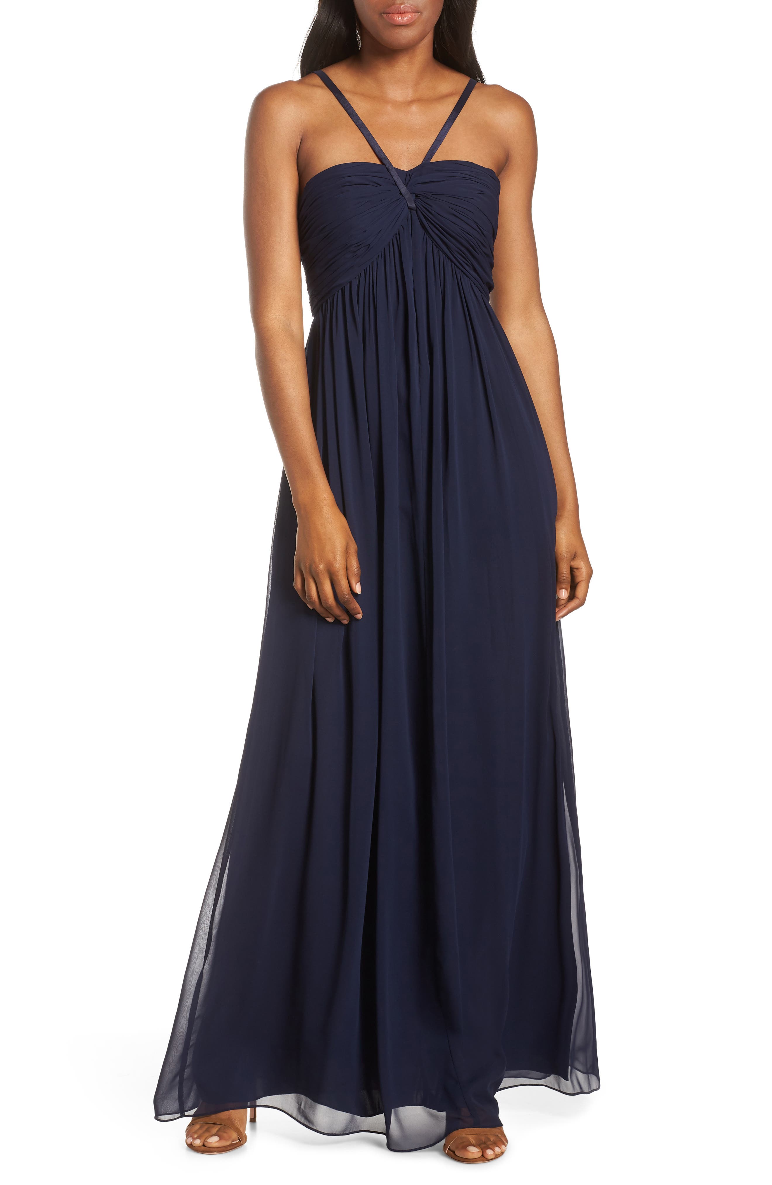 Eliza J Halter Neck Shirred Chiffon Gown, Blue