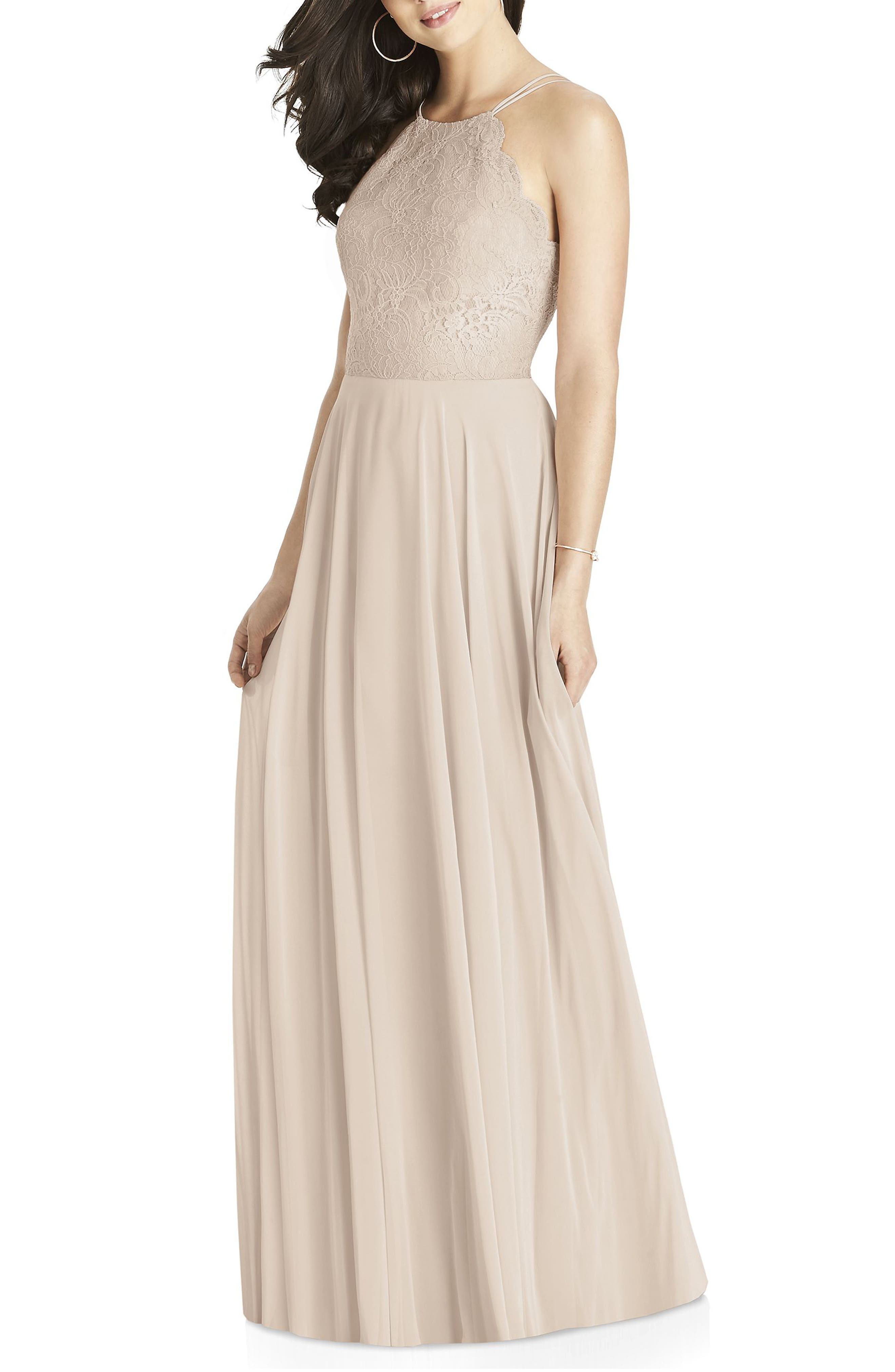 Dessy Collection Lace & Chiffon Halter Gown, Beige