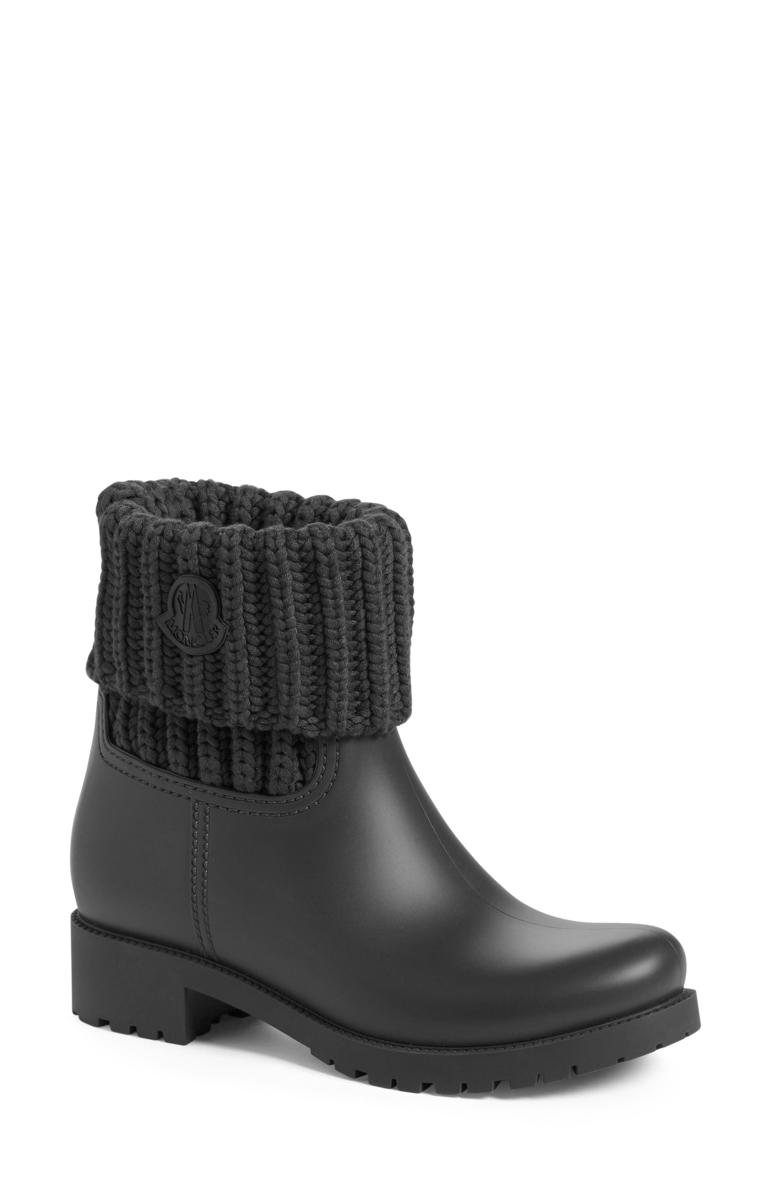 Moncler Ginette Knit Cuff Leather Rain Boot