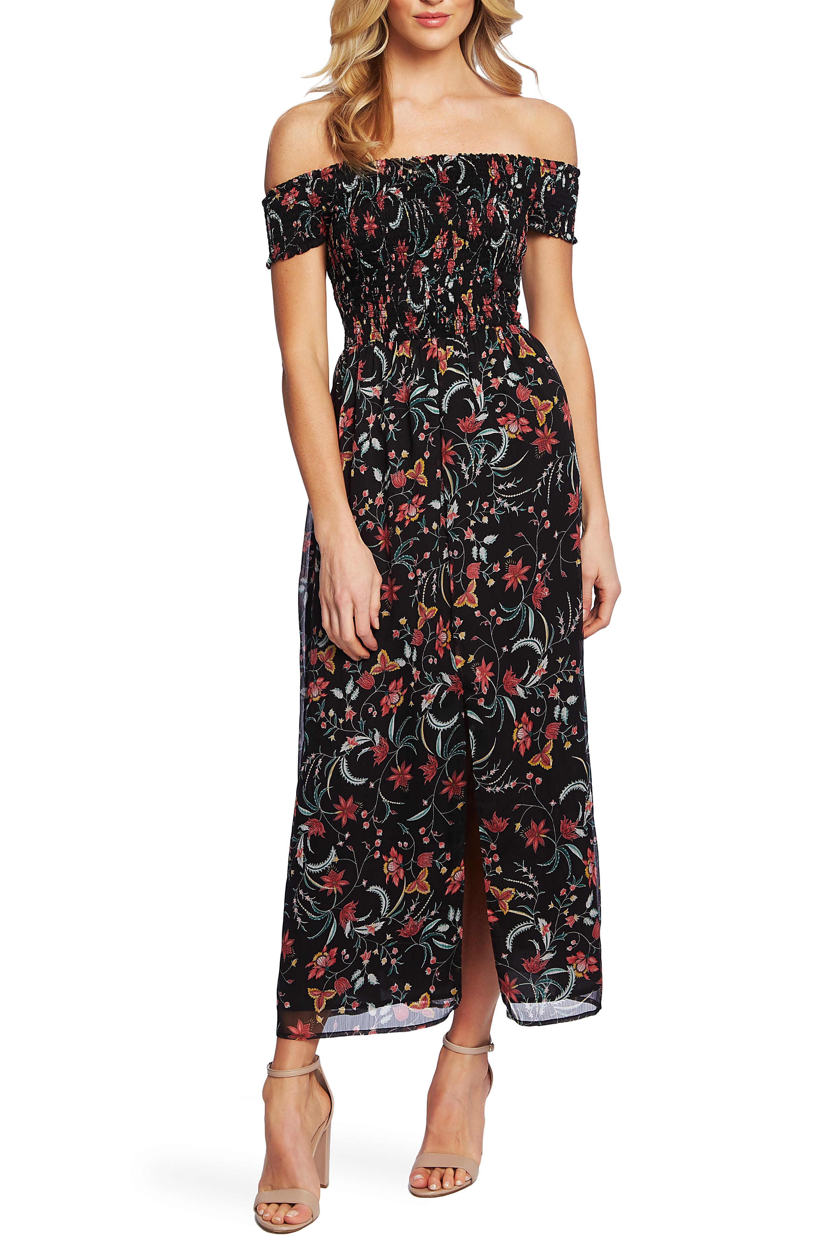 Cece Smocked Off The Shoulder Midi Dress, Black