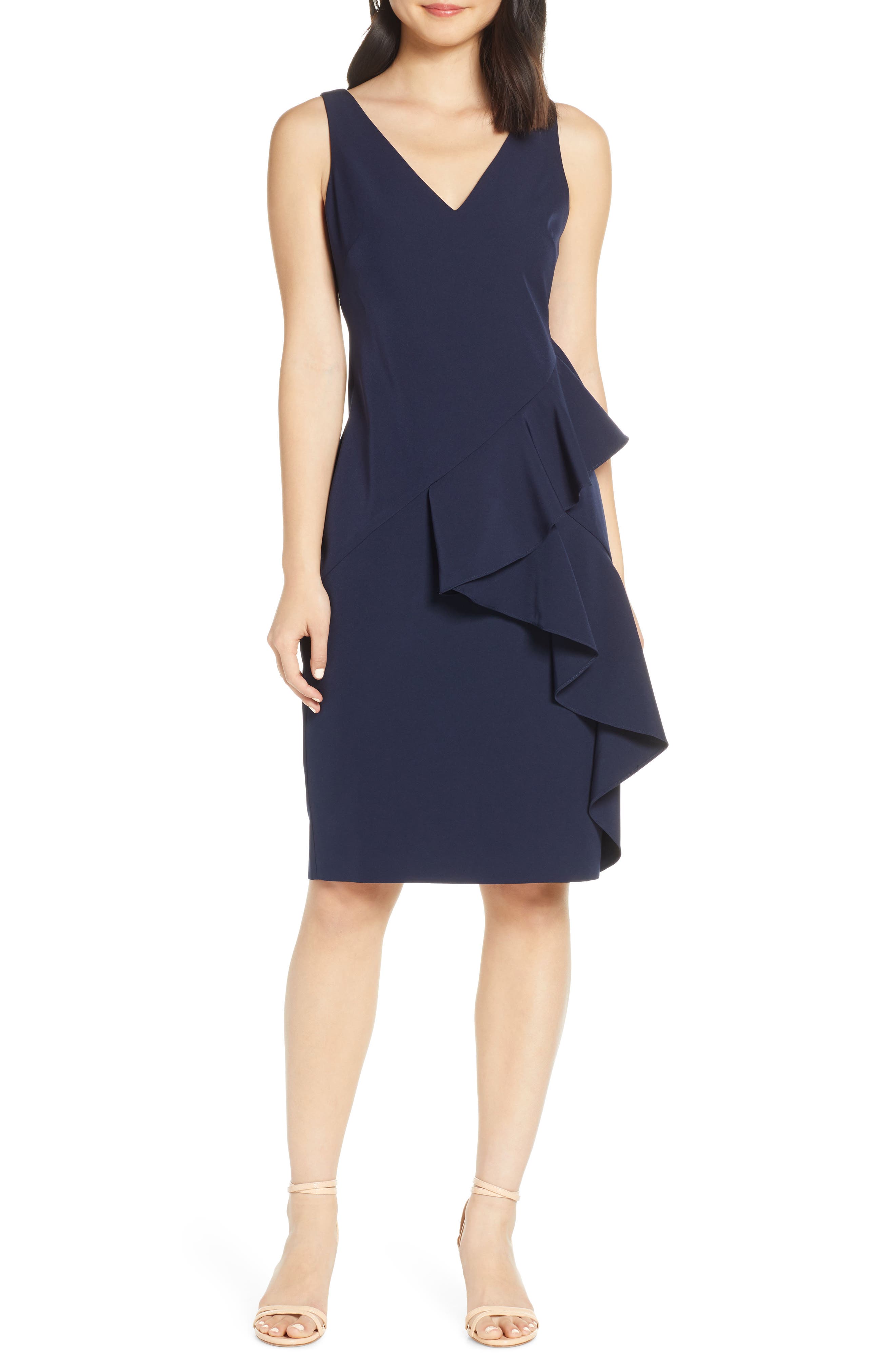 Eliza J Ruffle Detail Crepe Sheath Dress, Blue