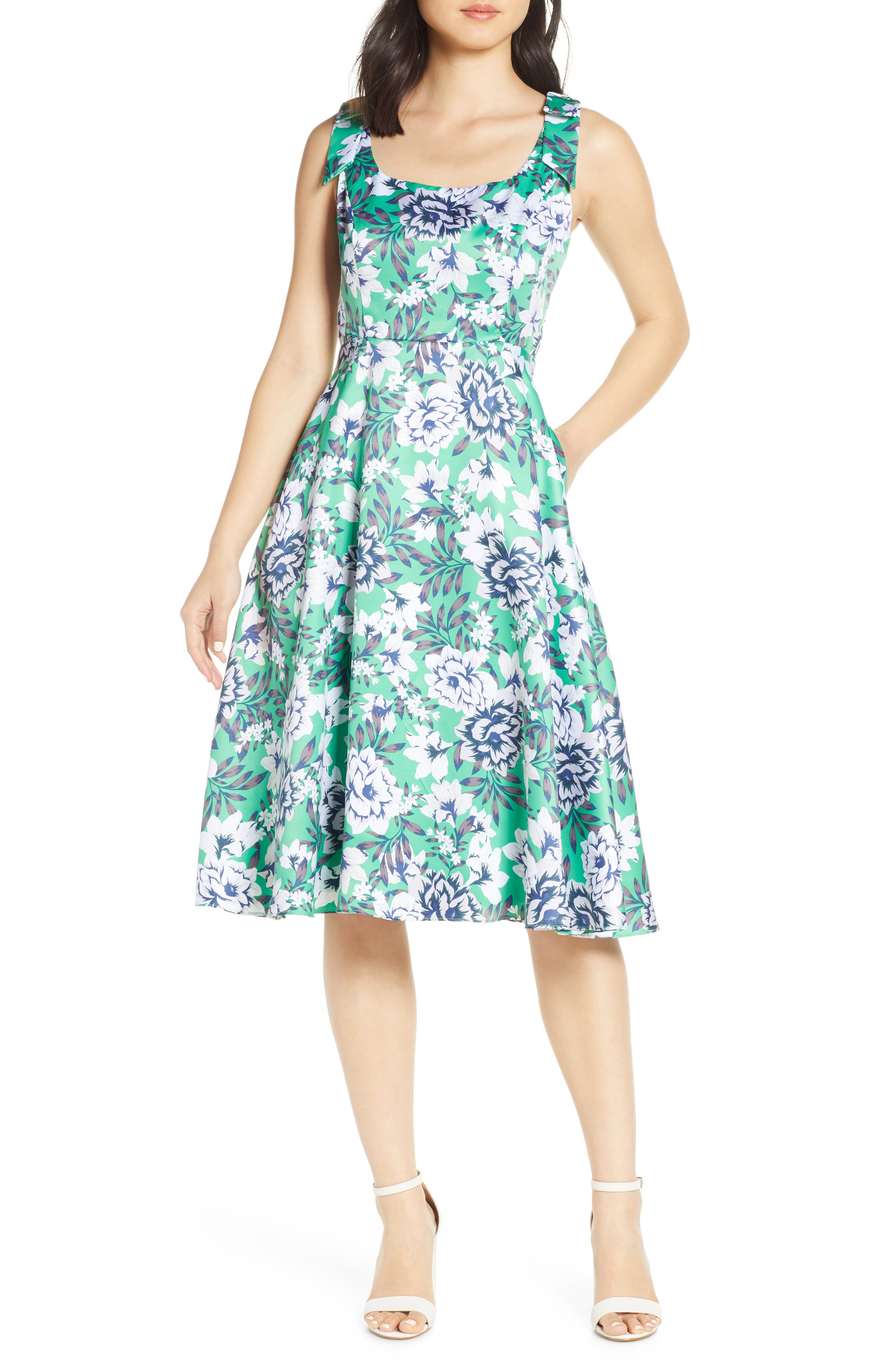 Julia Jordan Floral Shoulder Bow Sleeveless Dress, Green