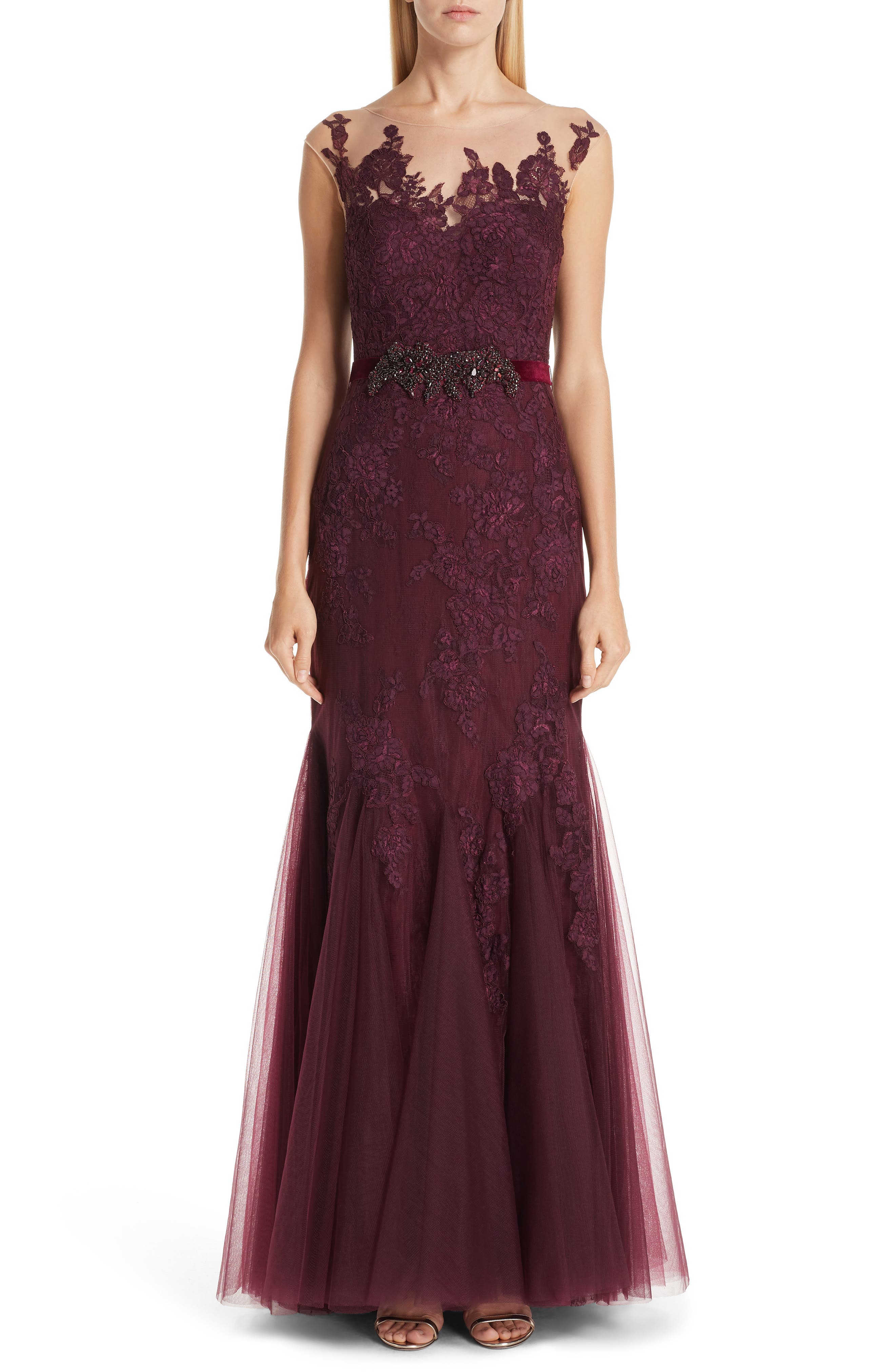 Badgley Mischka Collection Belted Illusion Neck Lace Trumpet Gown, Burgundy