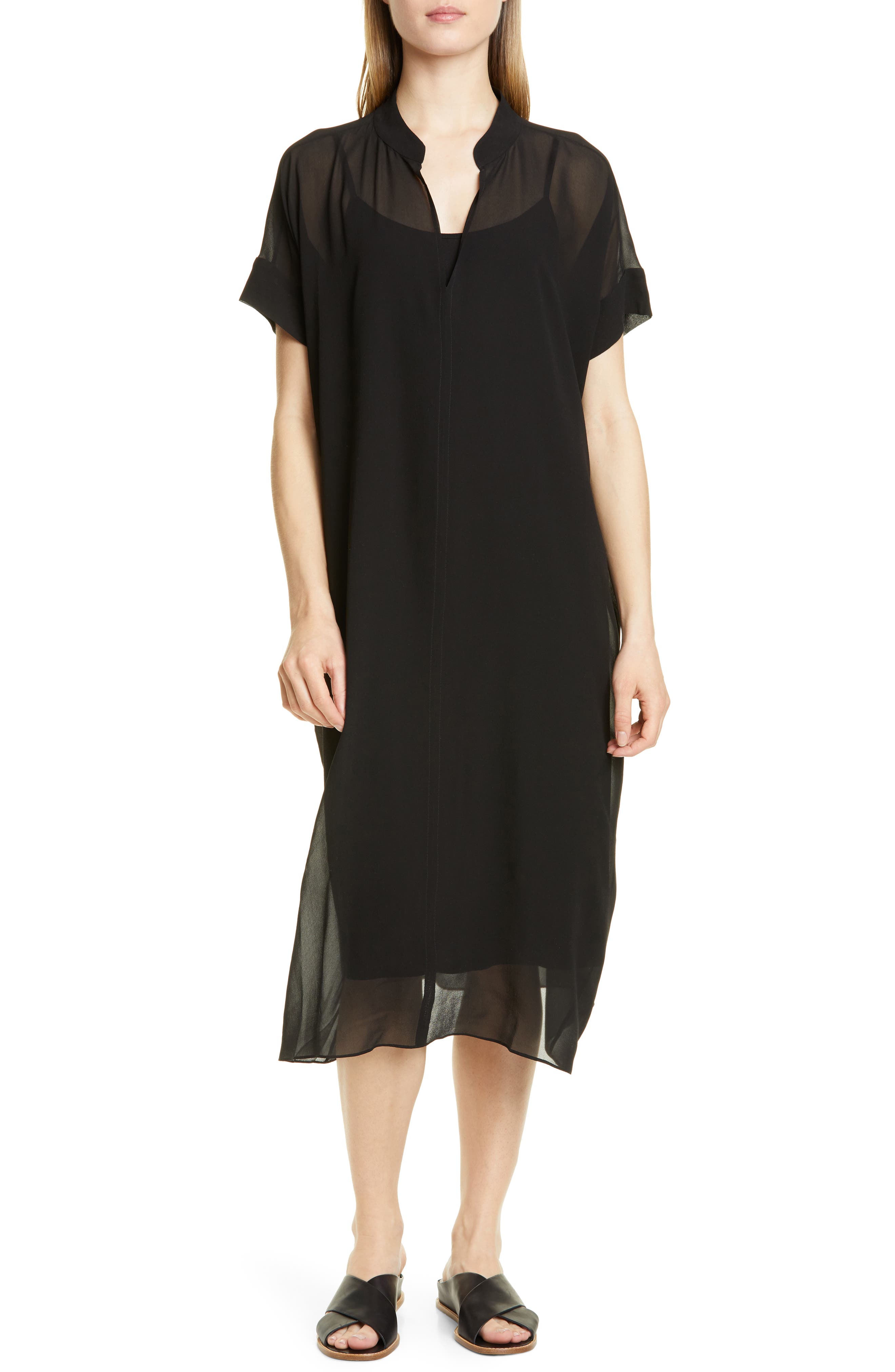Eileen Fisher Sheer Overlay Silk Dress, Black