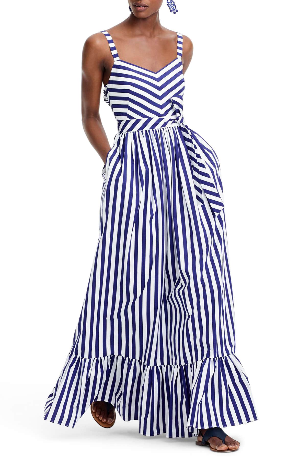 J.CREW Stripe Ruffle Cotton Maxi Dress, Main, color, WHITE DEEP ORCHID