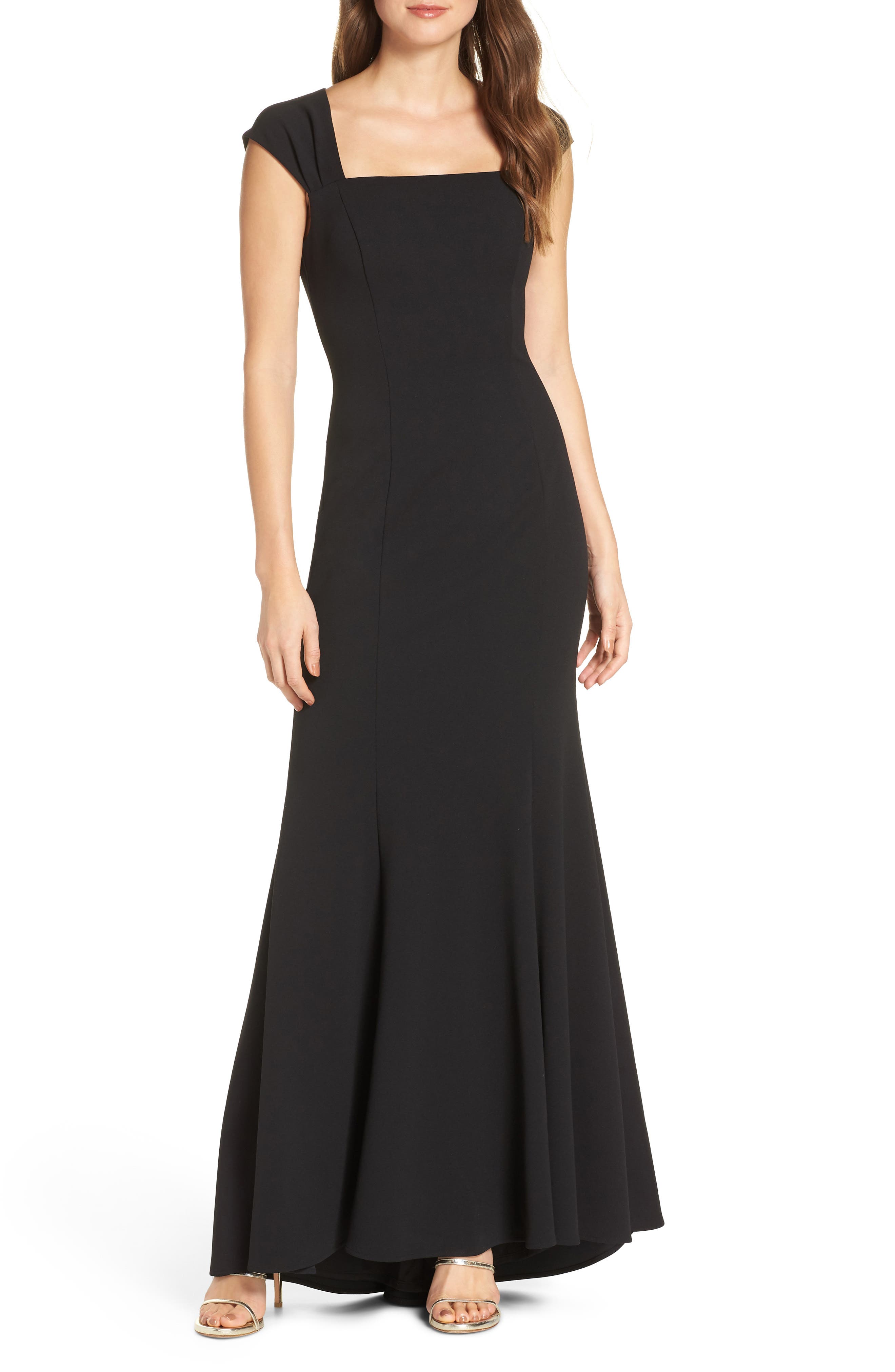 Eliza J Square Neck Scuba Crepe Evening Dress, Black