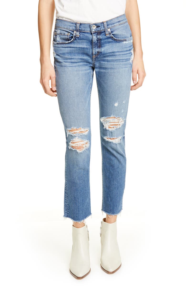 Click to view more detailed imagery on our partner's website Rag & Bone Dre Low-rise Ankle Slim Boyfriend Jeans With Ripped Knees In Marie Hole