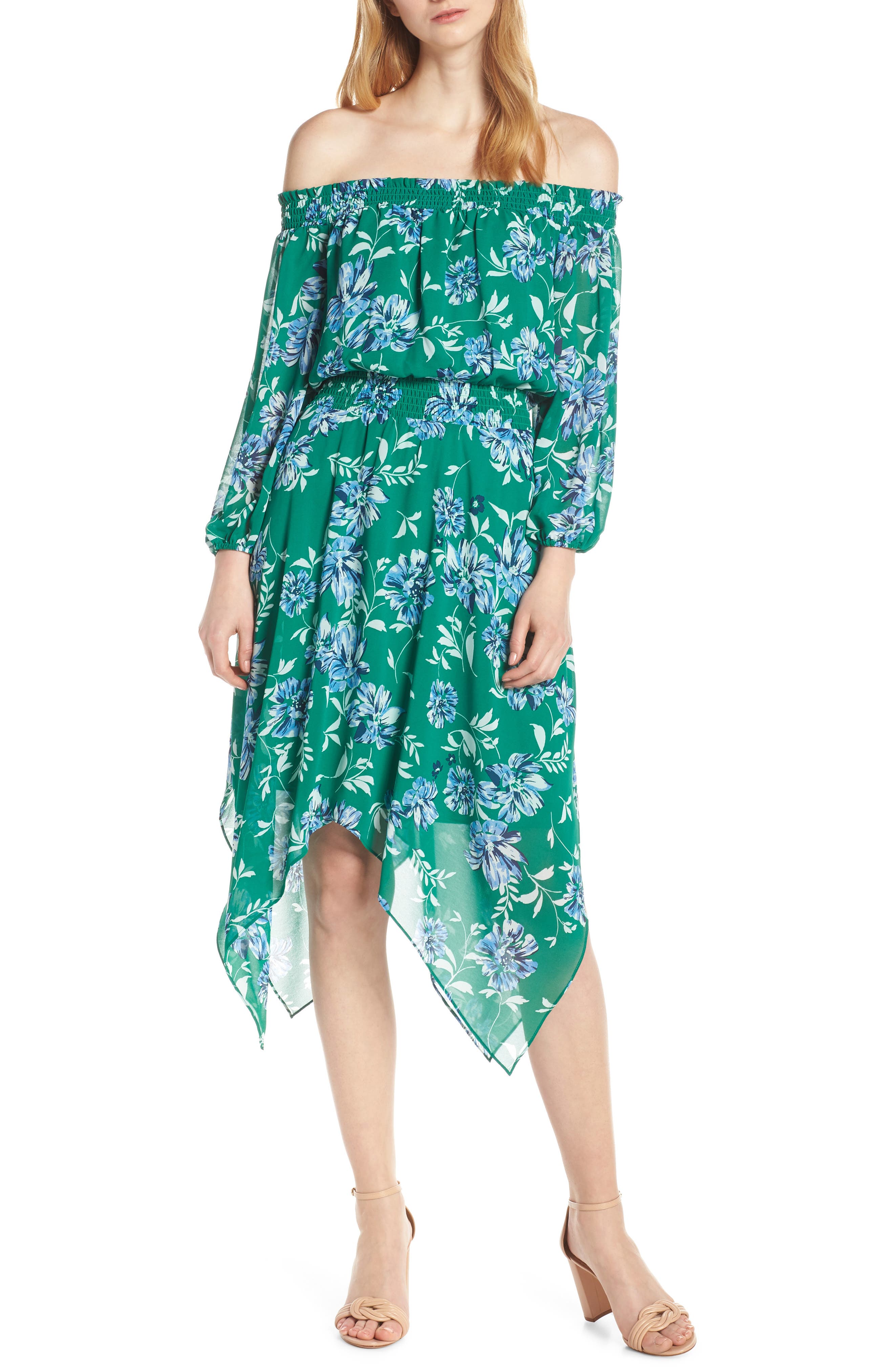 Charles Henry Smocked Handkerchief Hem Dress, Green