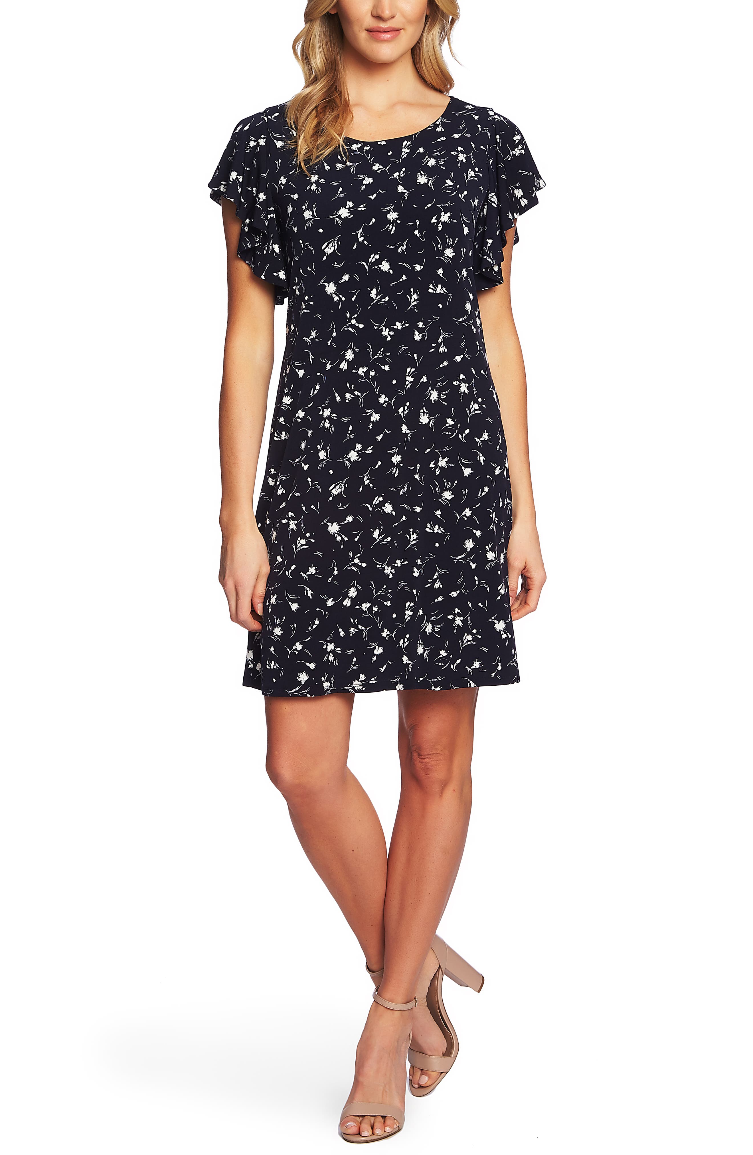 Cece Flower Flutter Sleeve Dress, Blue