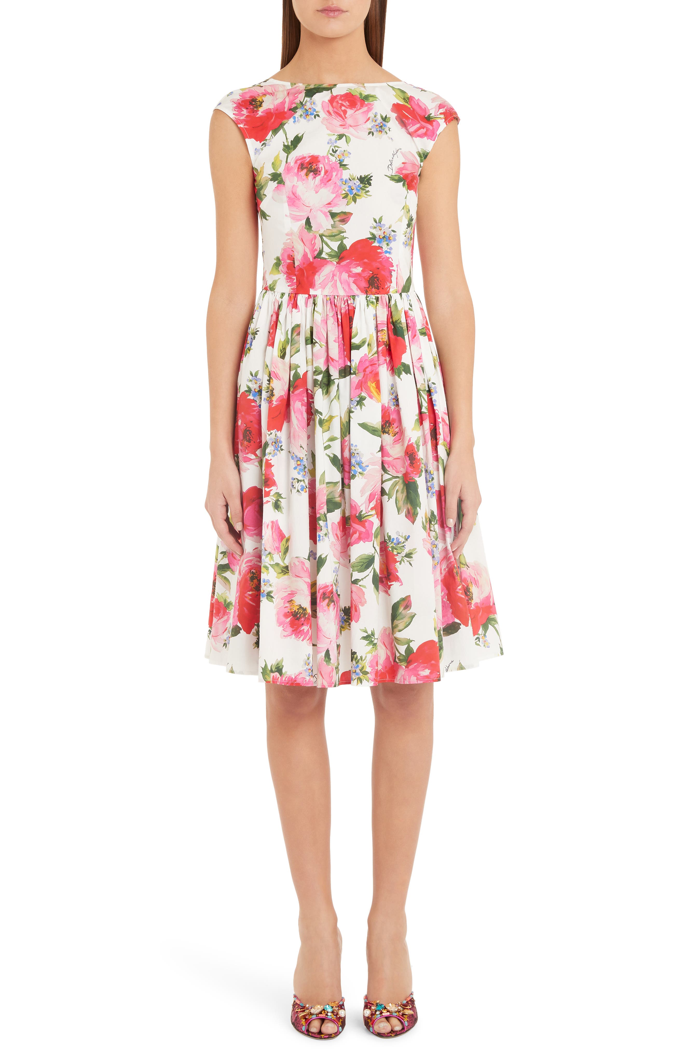 Dolce & gabbana Floral Print Cotton Poplin Dress, 8 IT - White