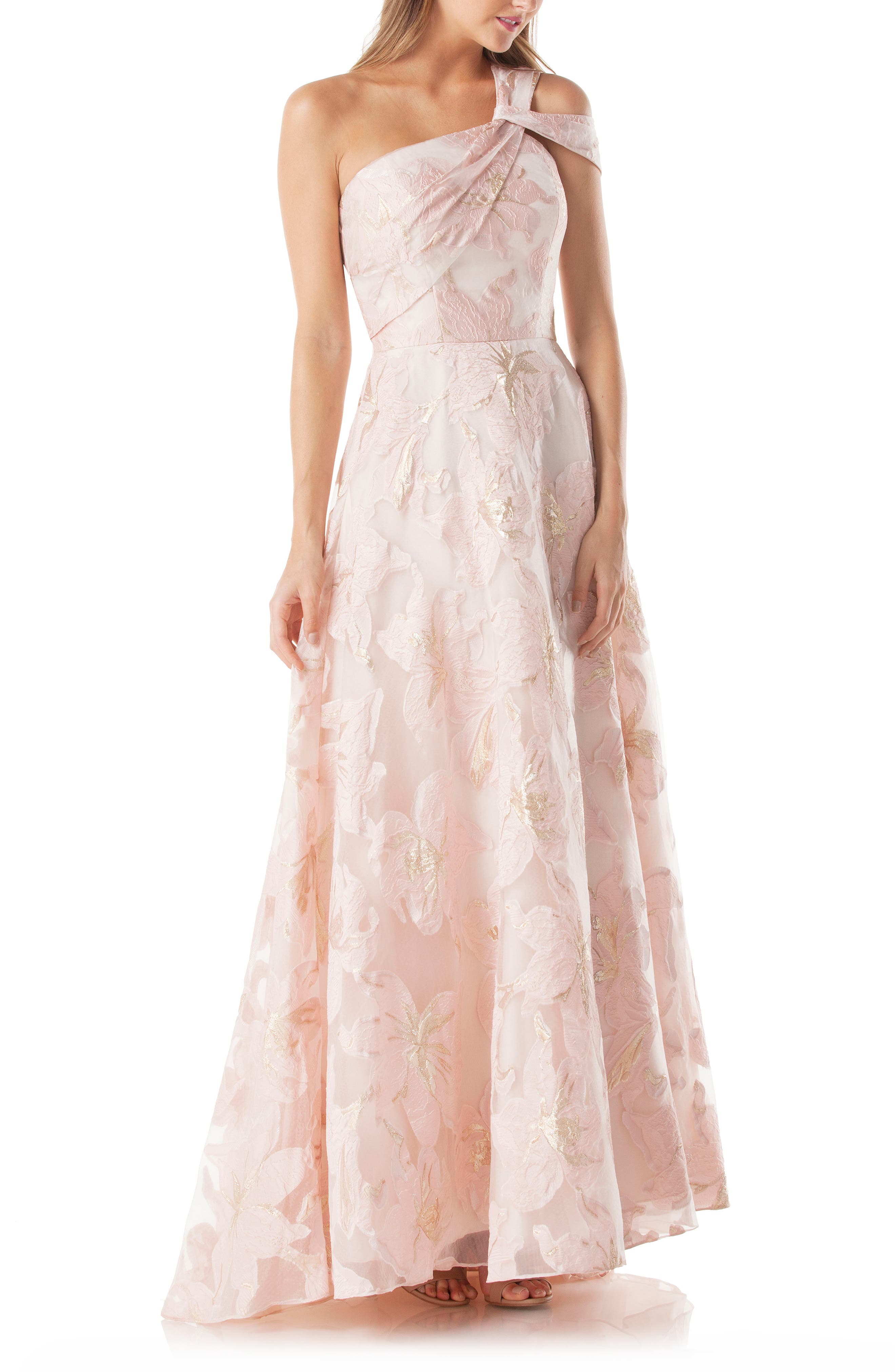 Carmen Marc Valvo Infusion Floral One-Shoulder Ballgown, Pink