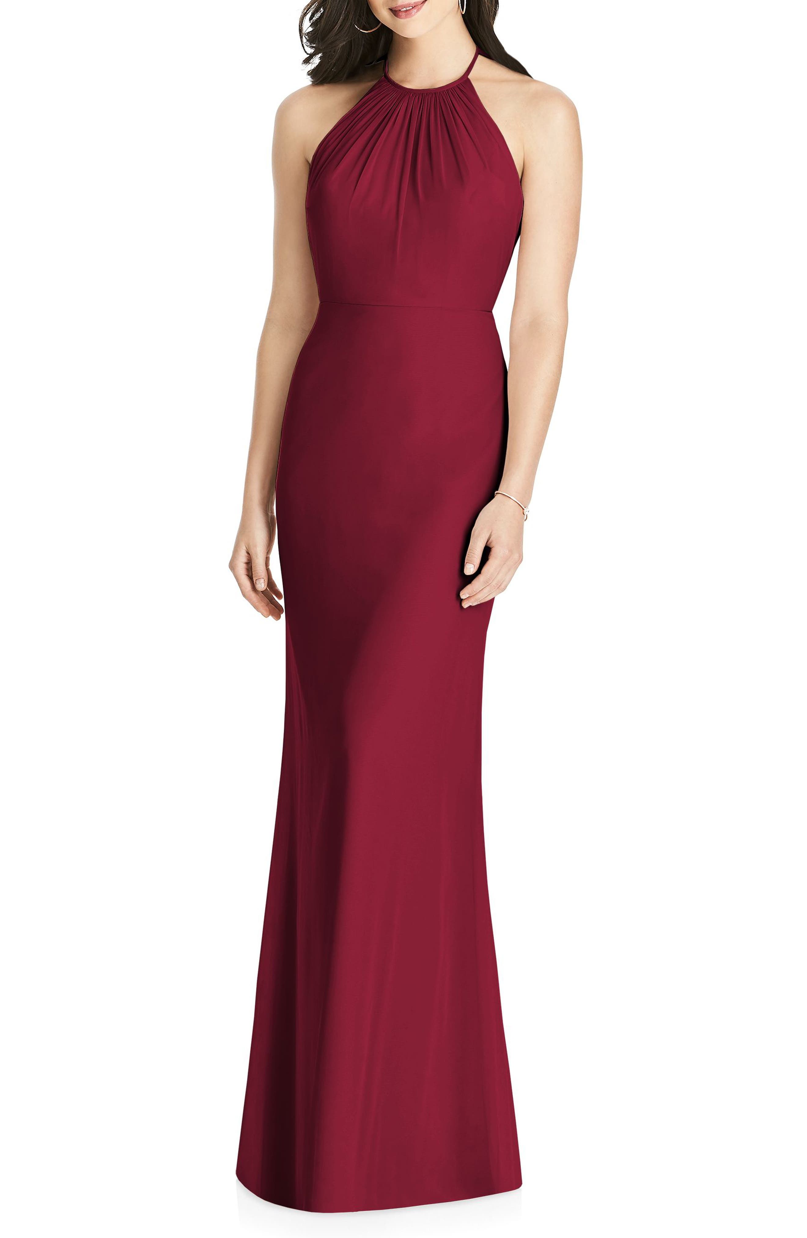 Dessy Collection Ruffle Back Chiffon Halter Gown, Burgundy