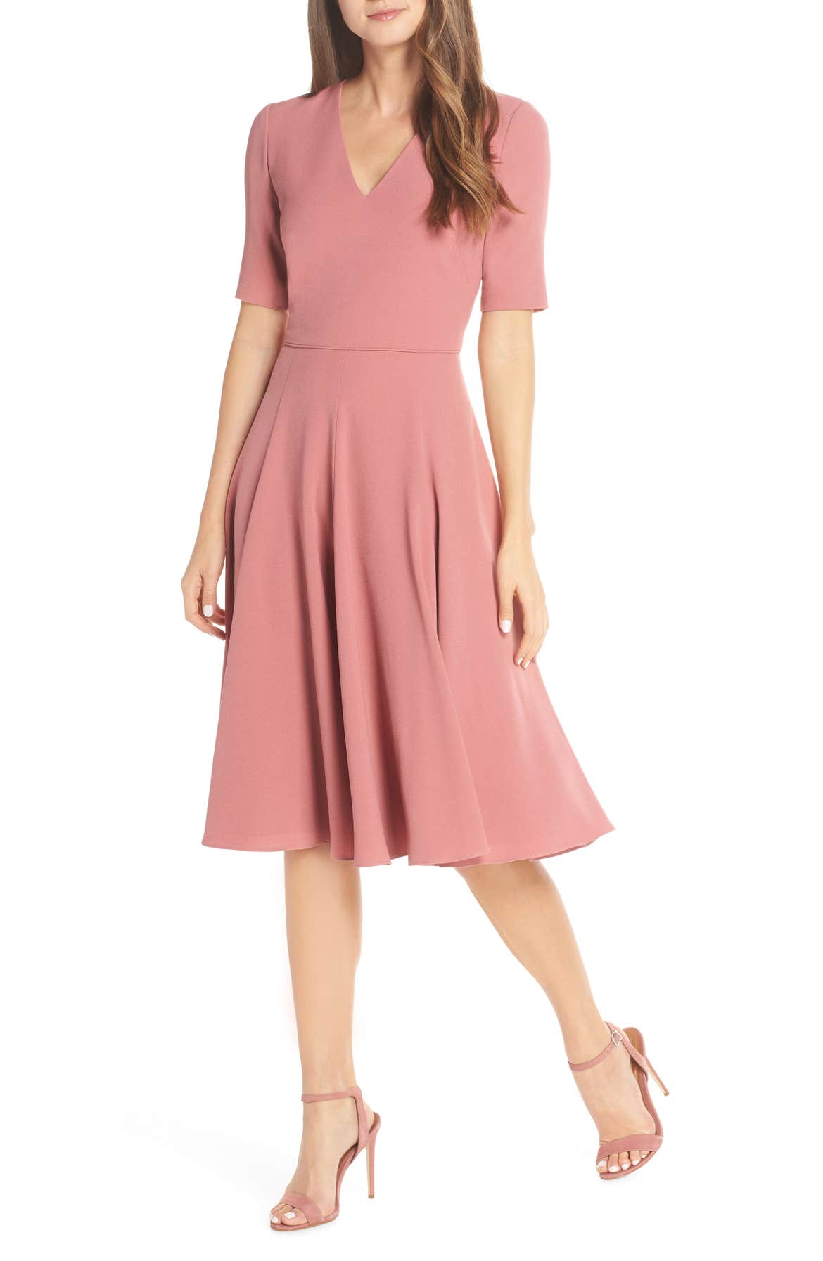 GAL MEETS GLAM COLLECTION Edith City Crepe Fit & Flare Midi Dress, Main, color, UPTOWN PINK