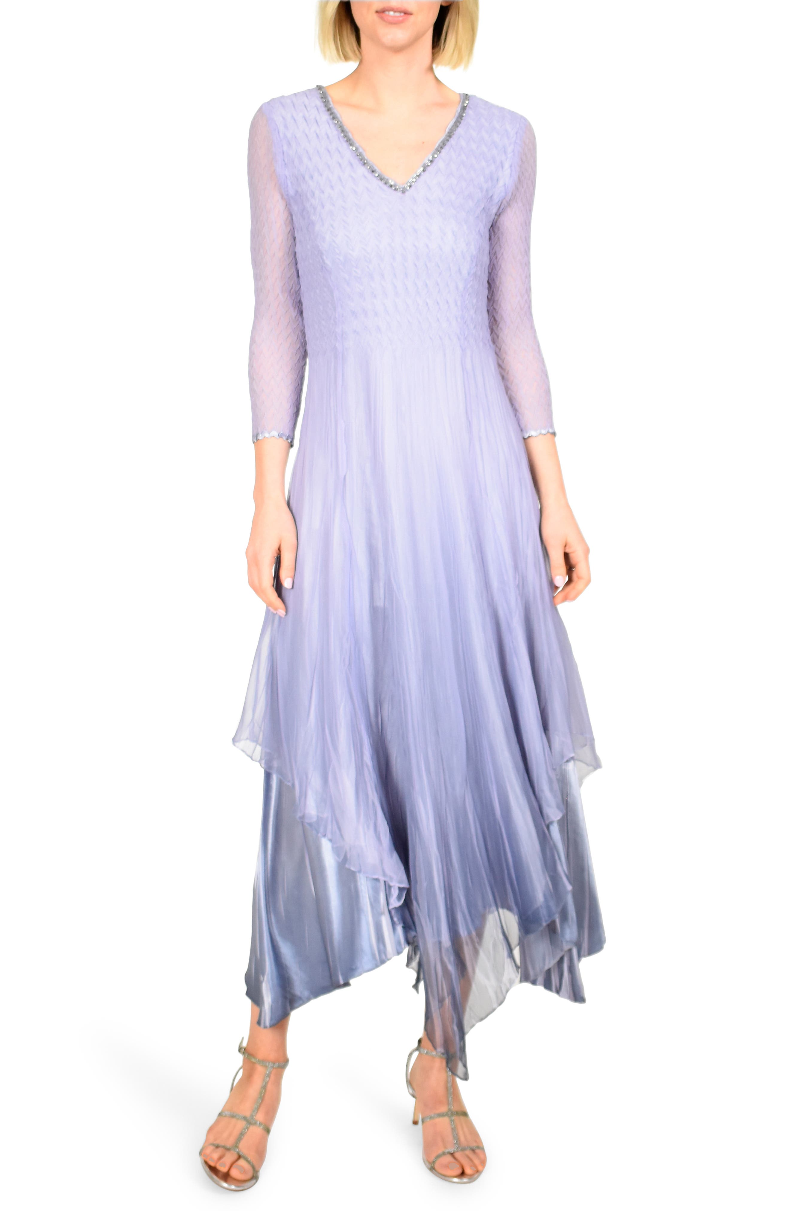 Petite Komarov Beaded V-Neck Chiffon Overlay Charmeuse Gown, Purple