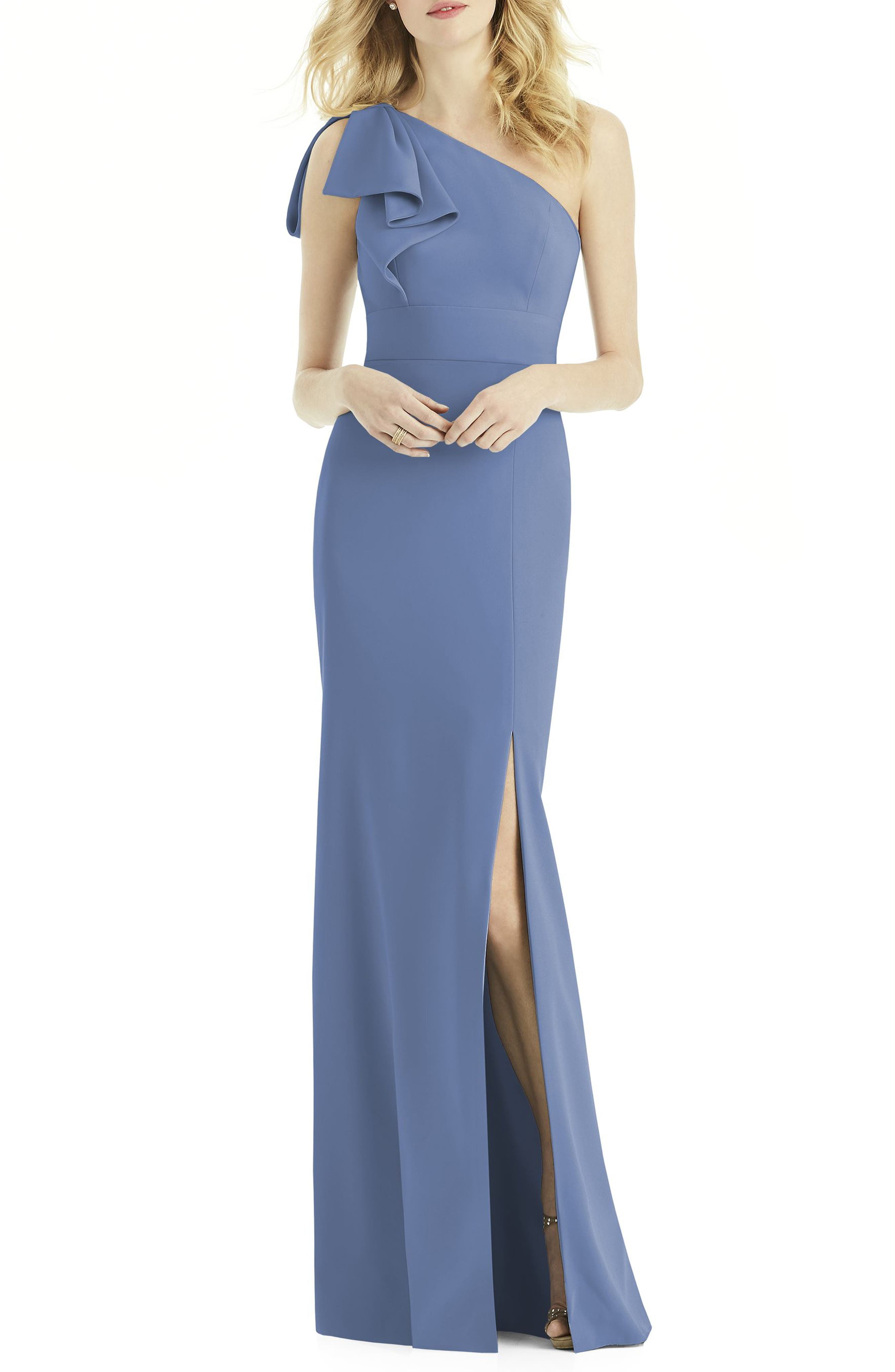 After Six Bow One-Shoulder Gown, Blue