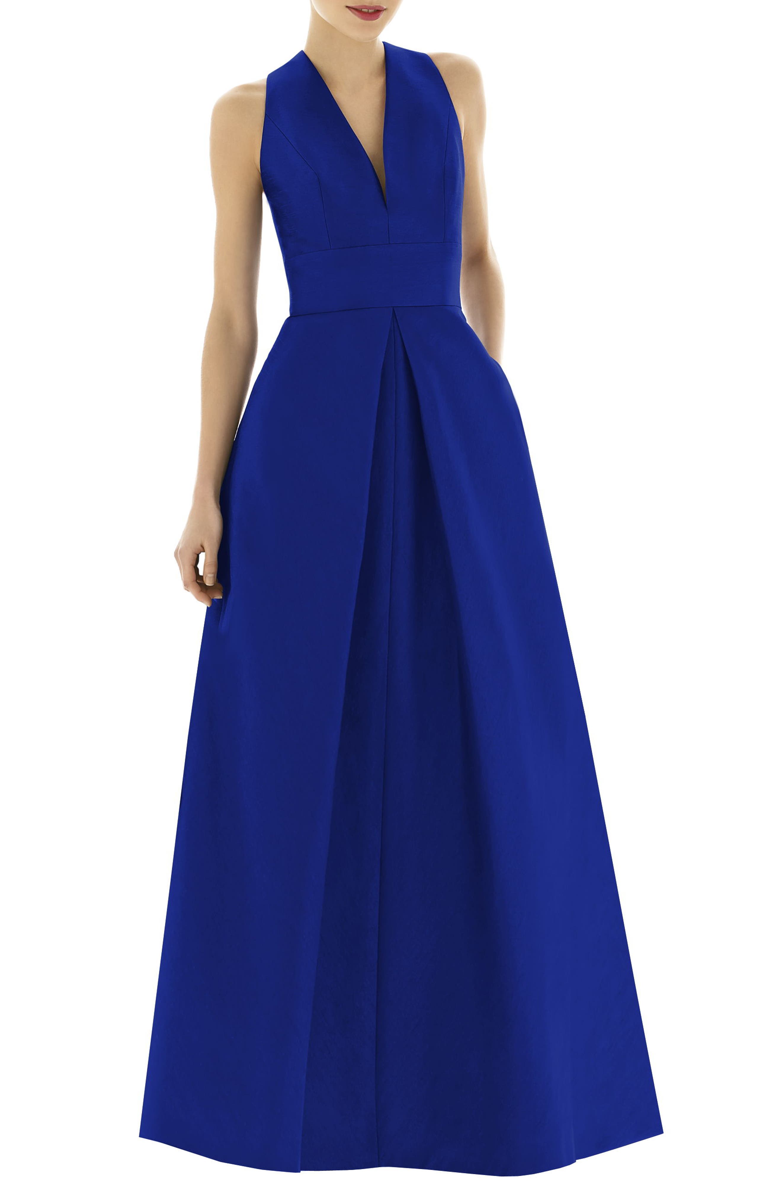 Alfred Sung V-Neck Dupioni Evening Gown, Blue