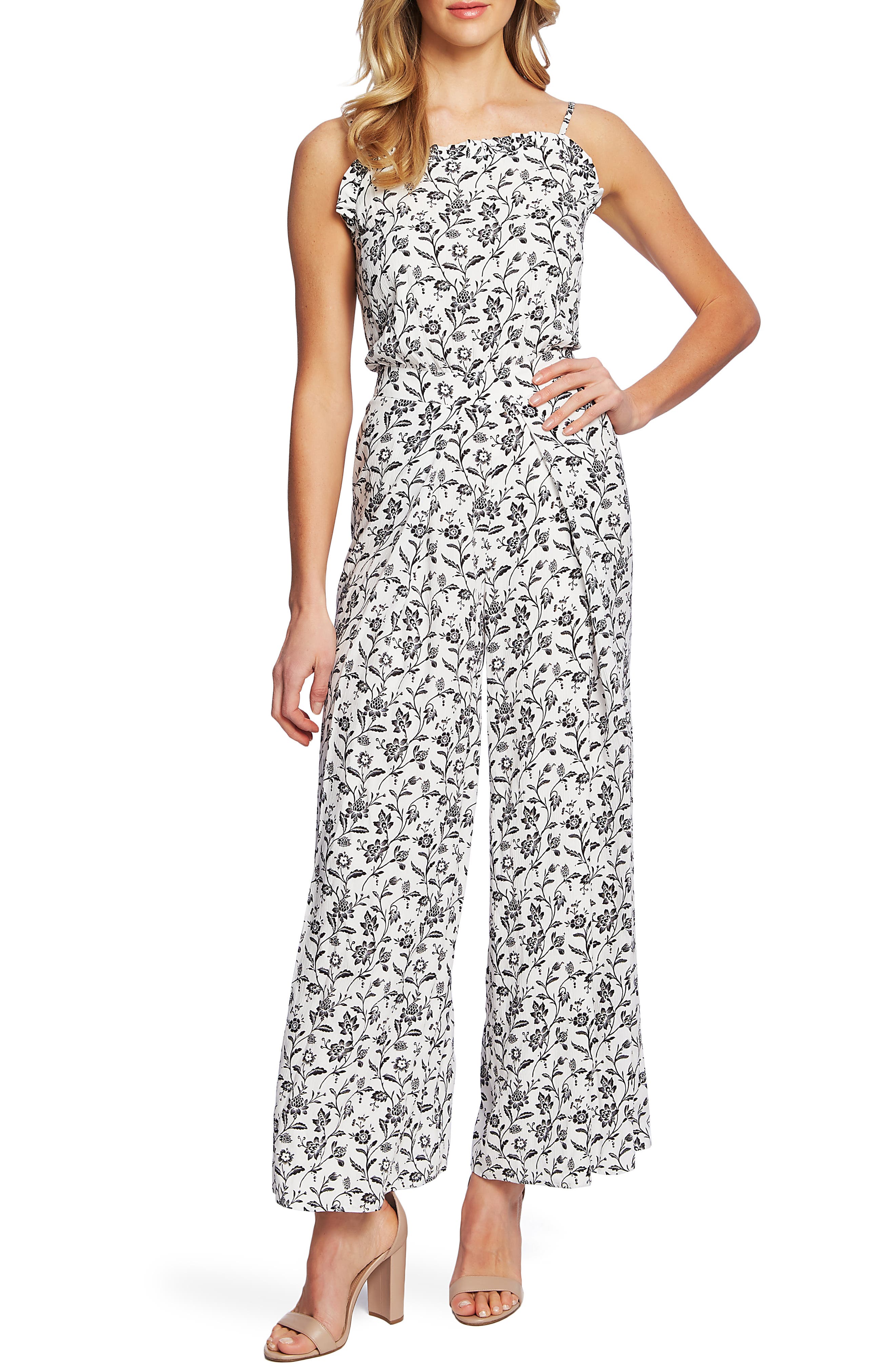 Cece Ornate Floral Print Ruffle Trim Jumpsuit, Ivory