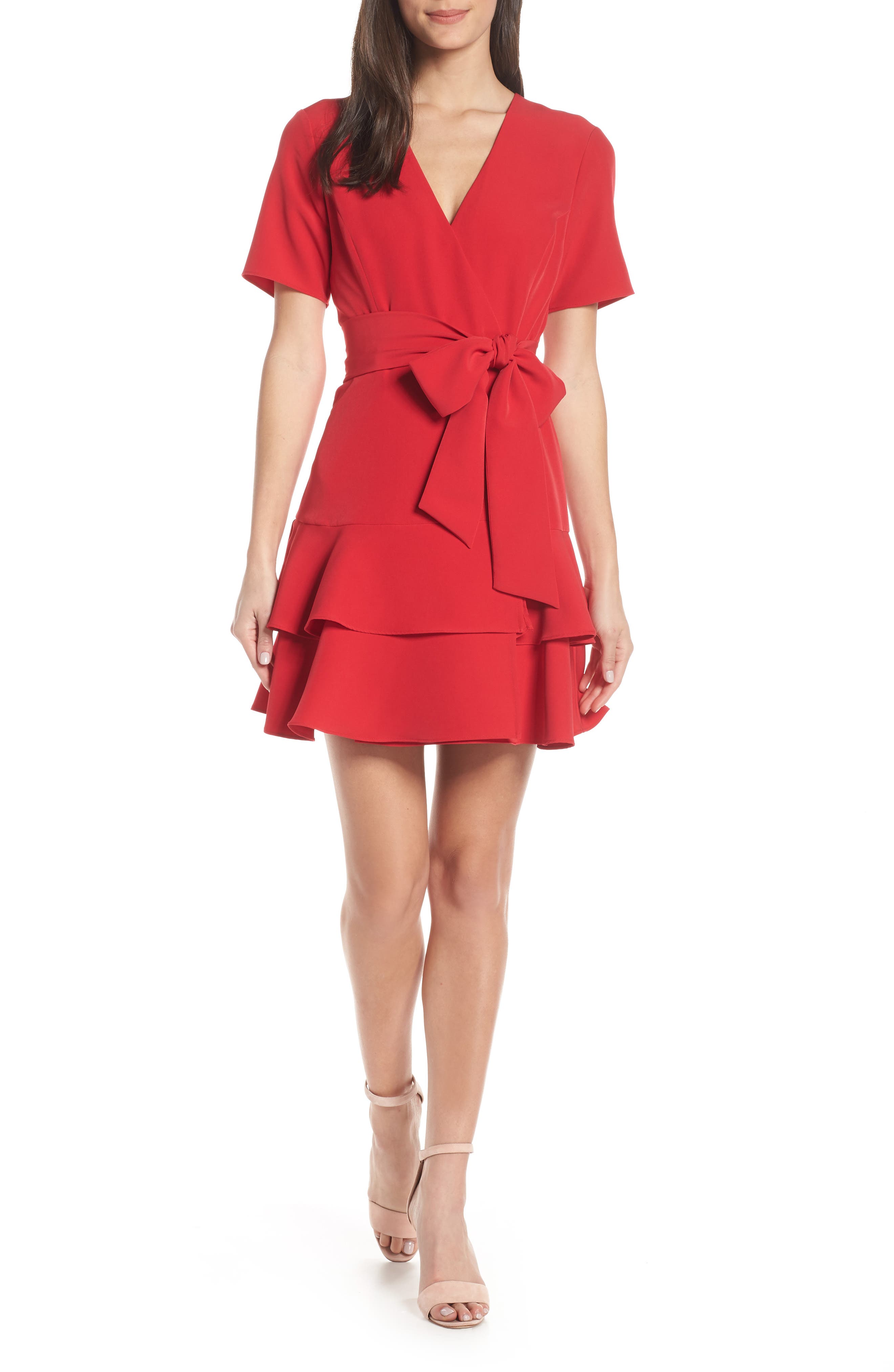 Petite Charles Henry Ruffle Tiered Wrap Dress, Red