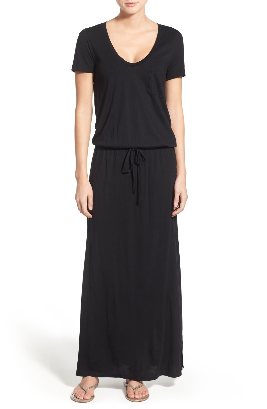 Petite Caslon Drawstring Jersey Maxi Dress, Black