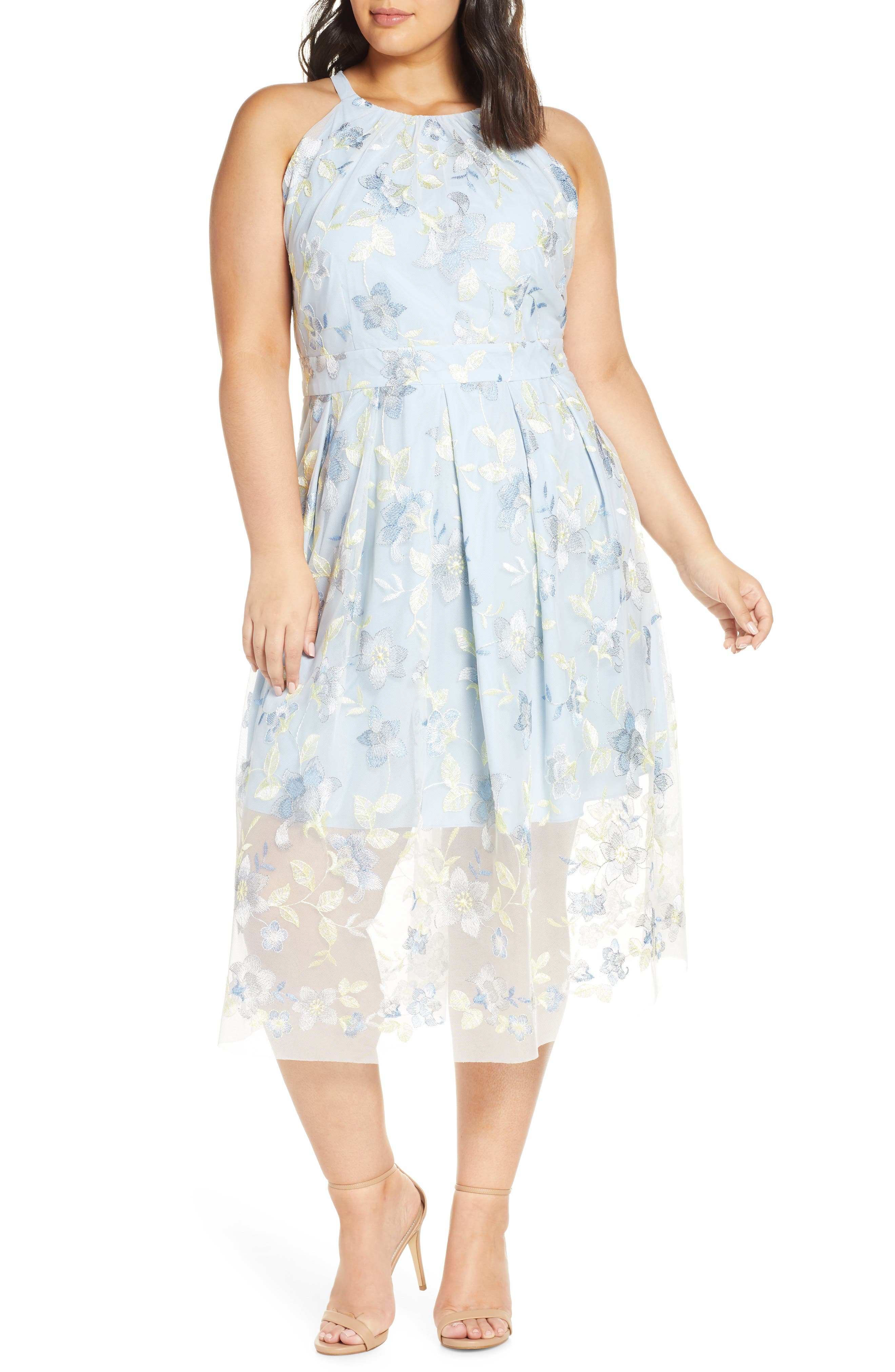 Plus Size Vince Camuto Embroidered Mesh Halter Neck Midi Dress, Blue