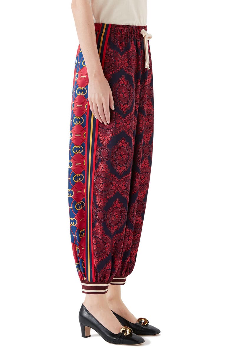 Gucci Floral-Jacquard And Printed Silk-Twill Pants In 4378 Blue / Red ...