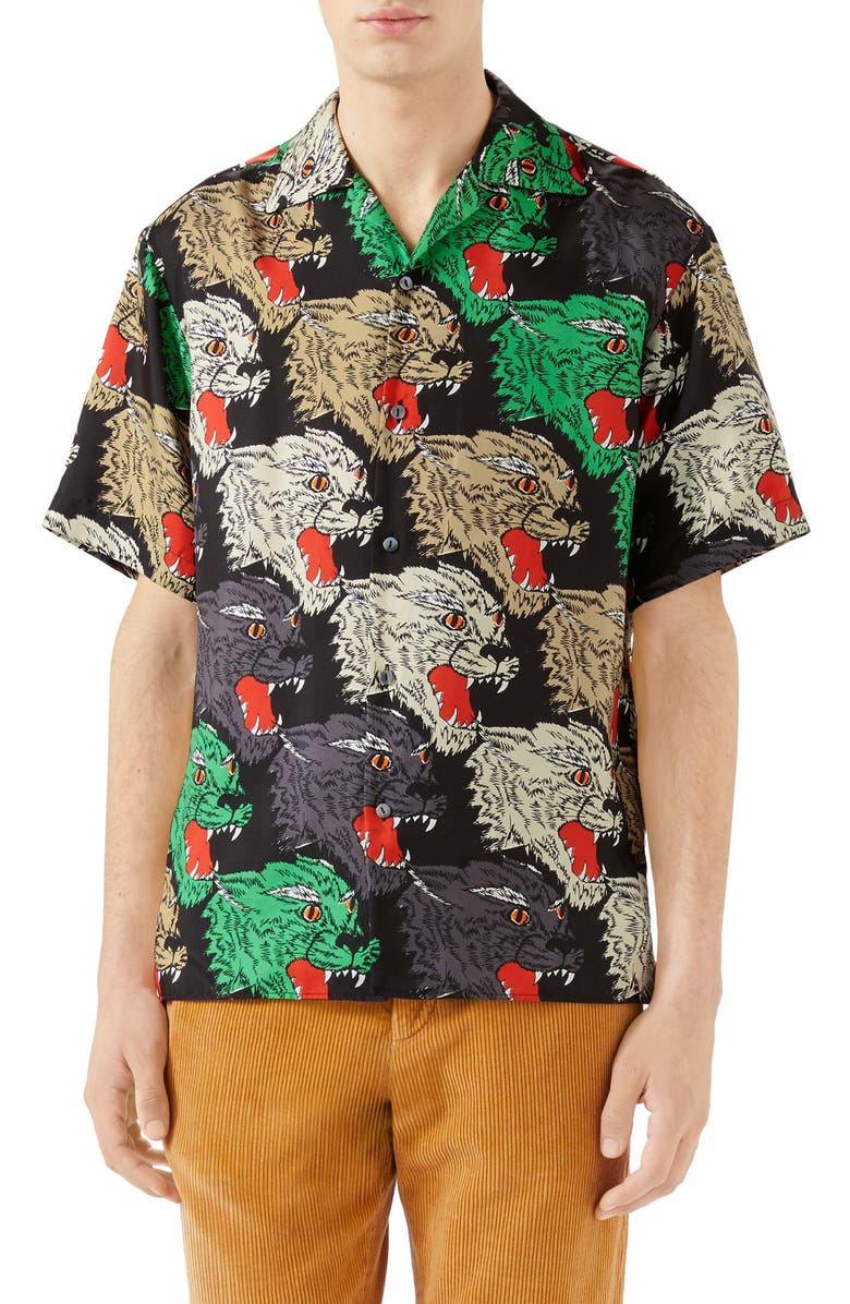 Gucci Allover Panther Print Silk Camp Shirt | Nordstrom