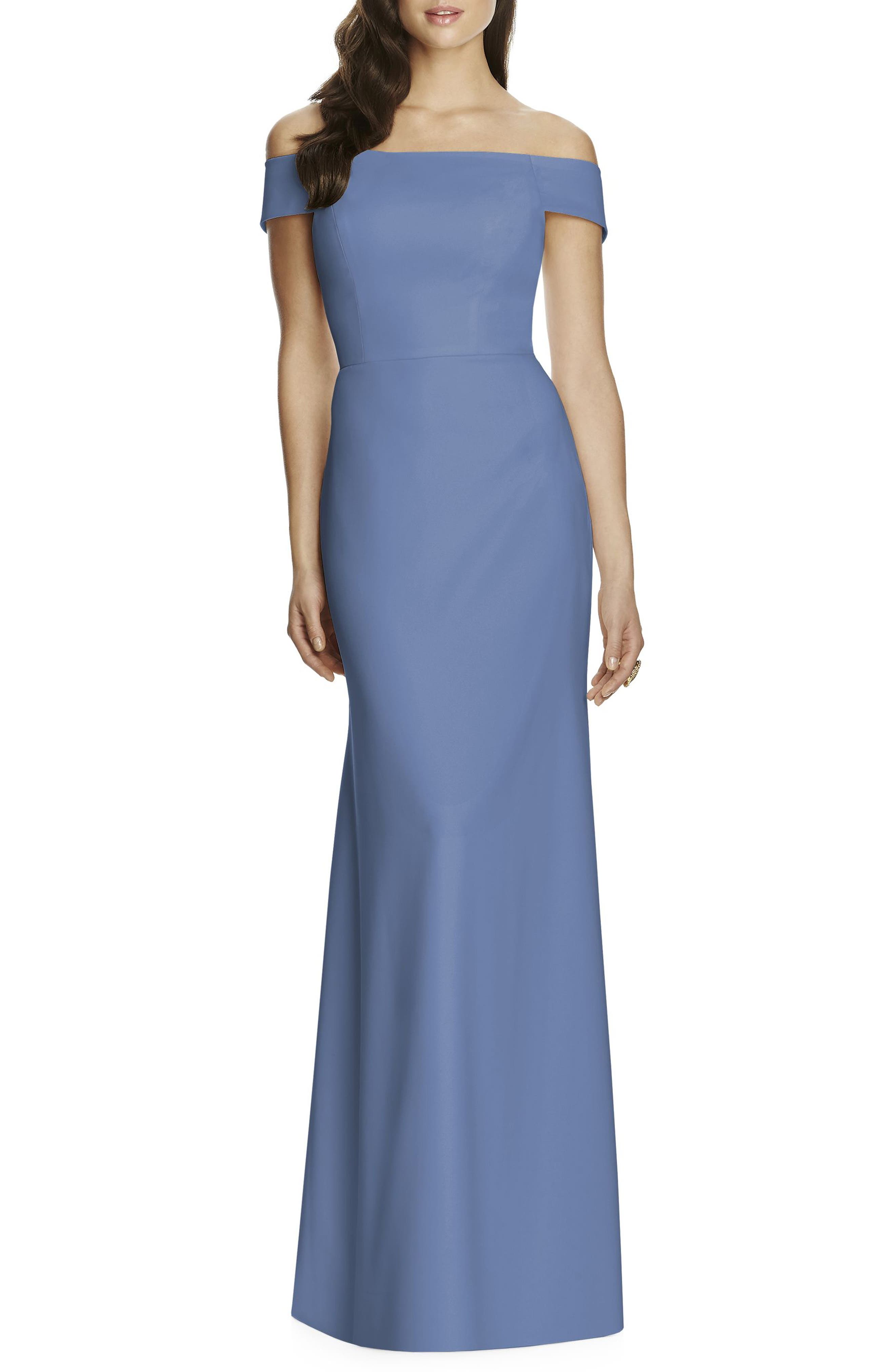 Dessy Collection Off The Shoulder Crepe Gown, Blue