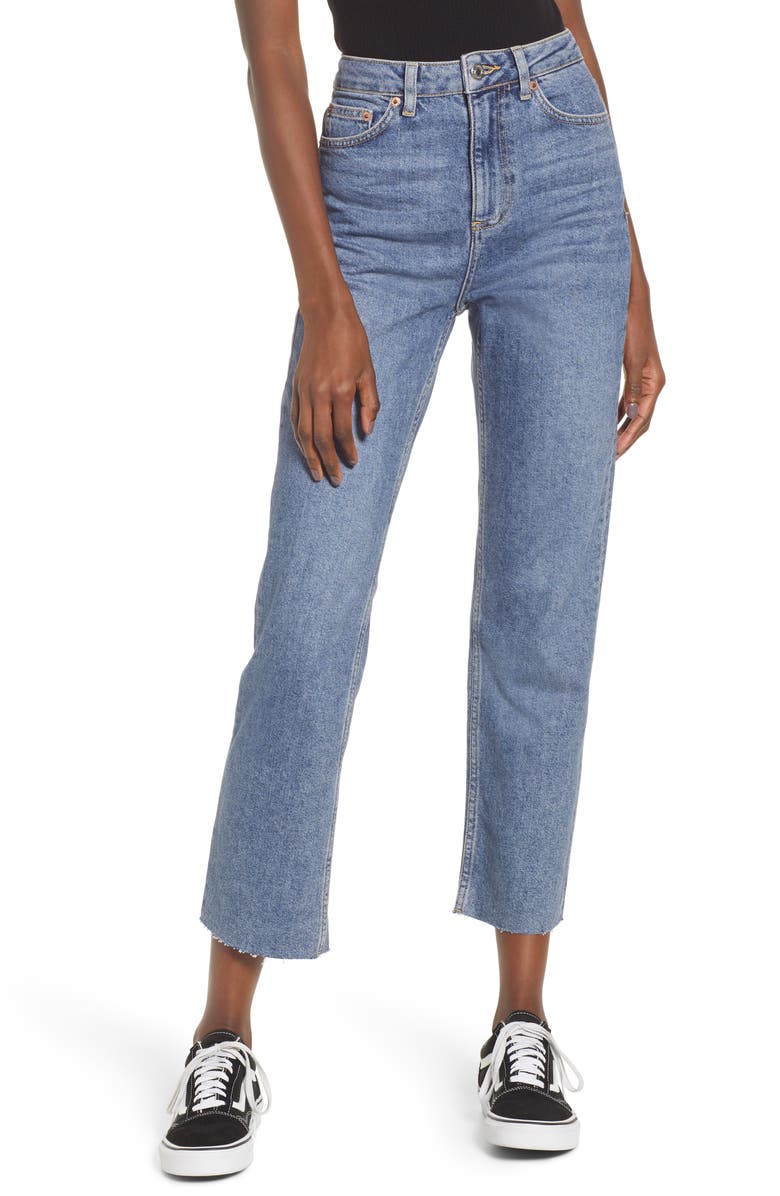 TOPSHOP Raw Hem Straight Leg Jeans, Main, color, MID BLUE