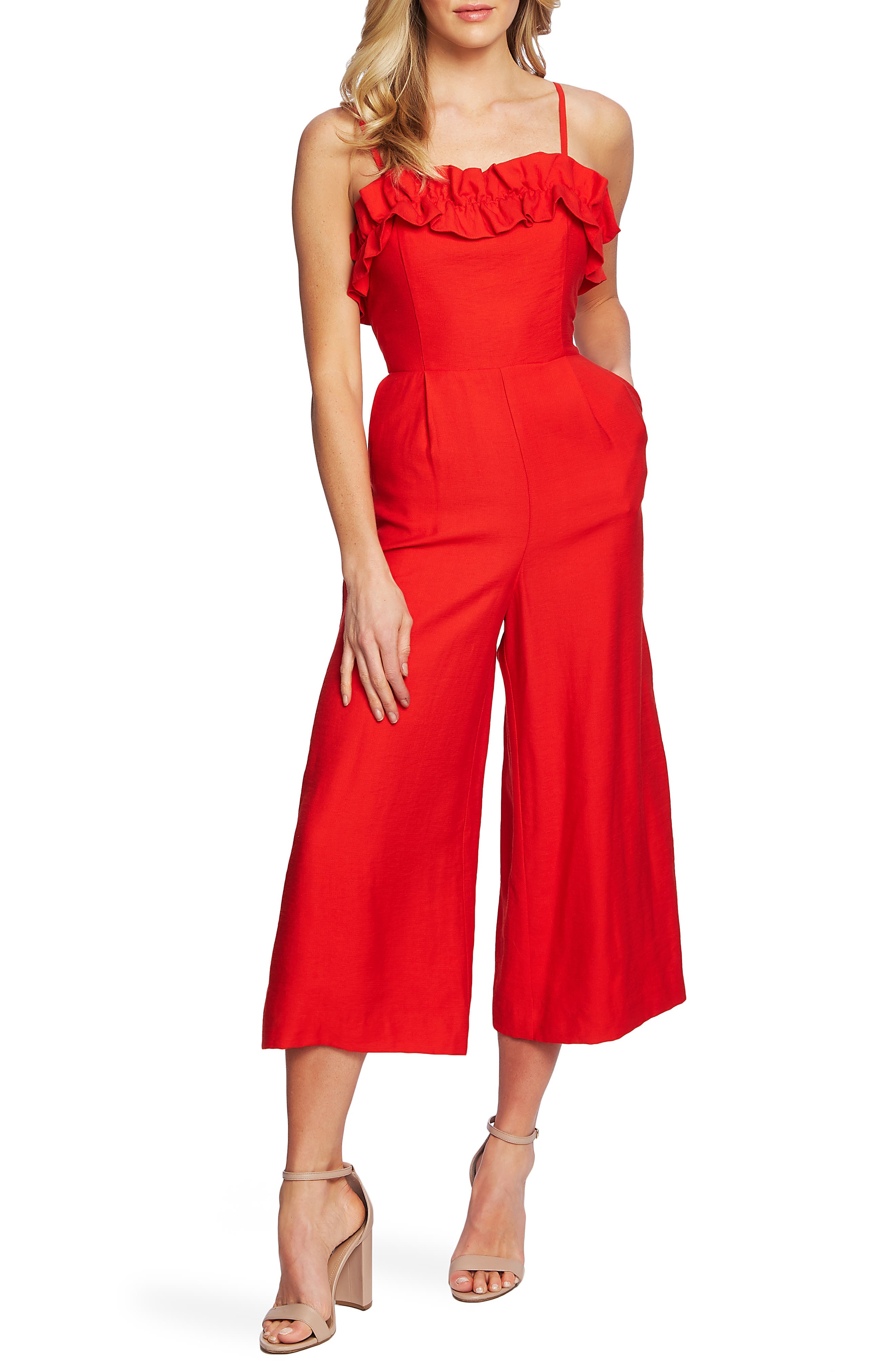 Cece Ruffled Neck Crop Jumpsuit, Red