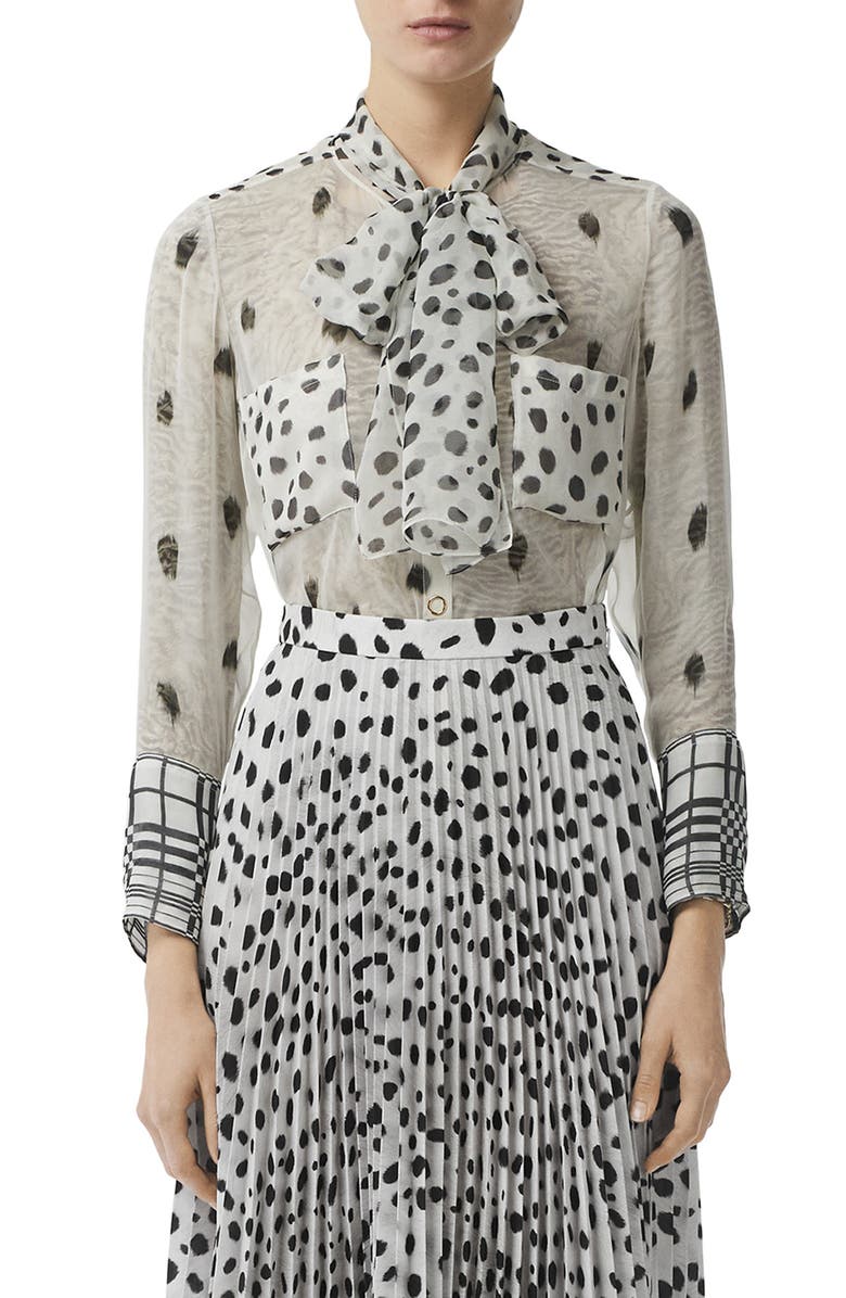Burberry Animal-Print Tie-Neck Long-Sleeve Silk Blouse In Black