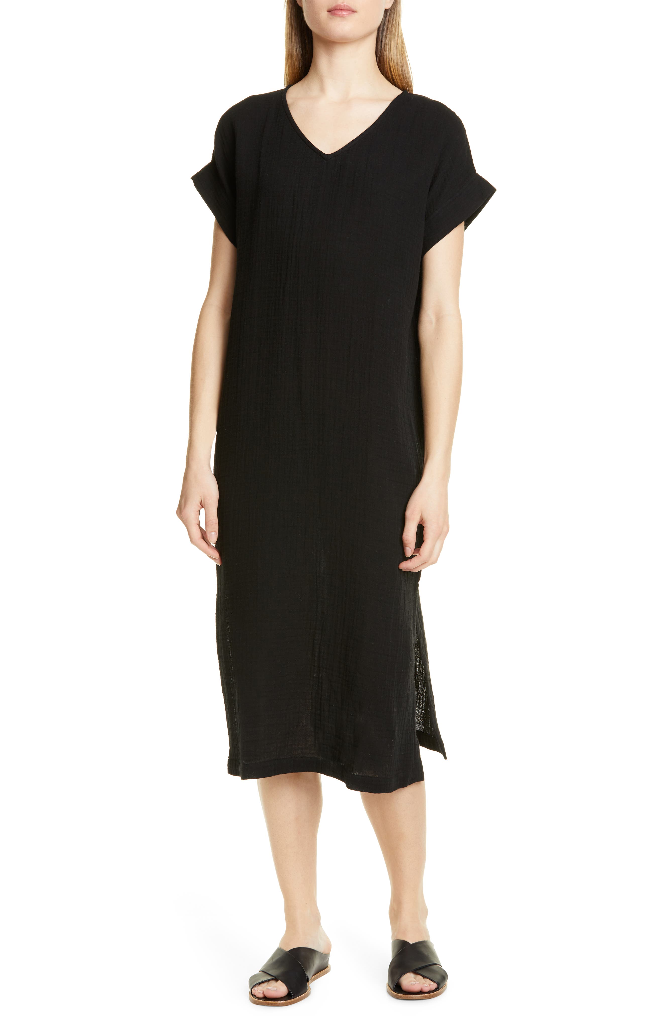 Petite Eileen Fisher Organic Cotton Midi Dress, Black