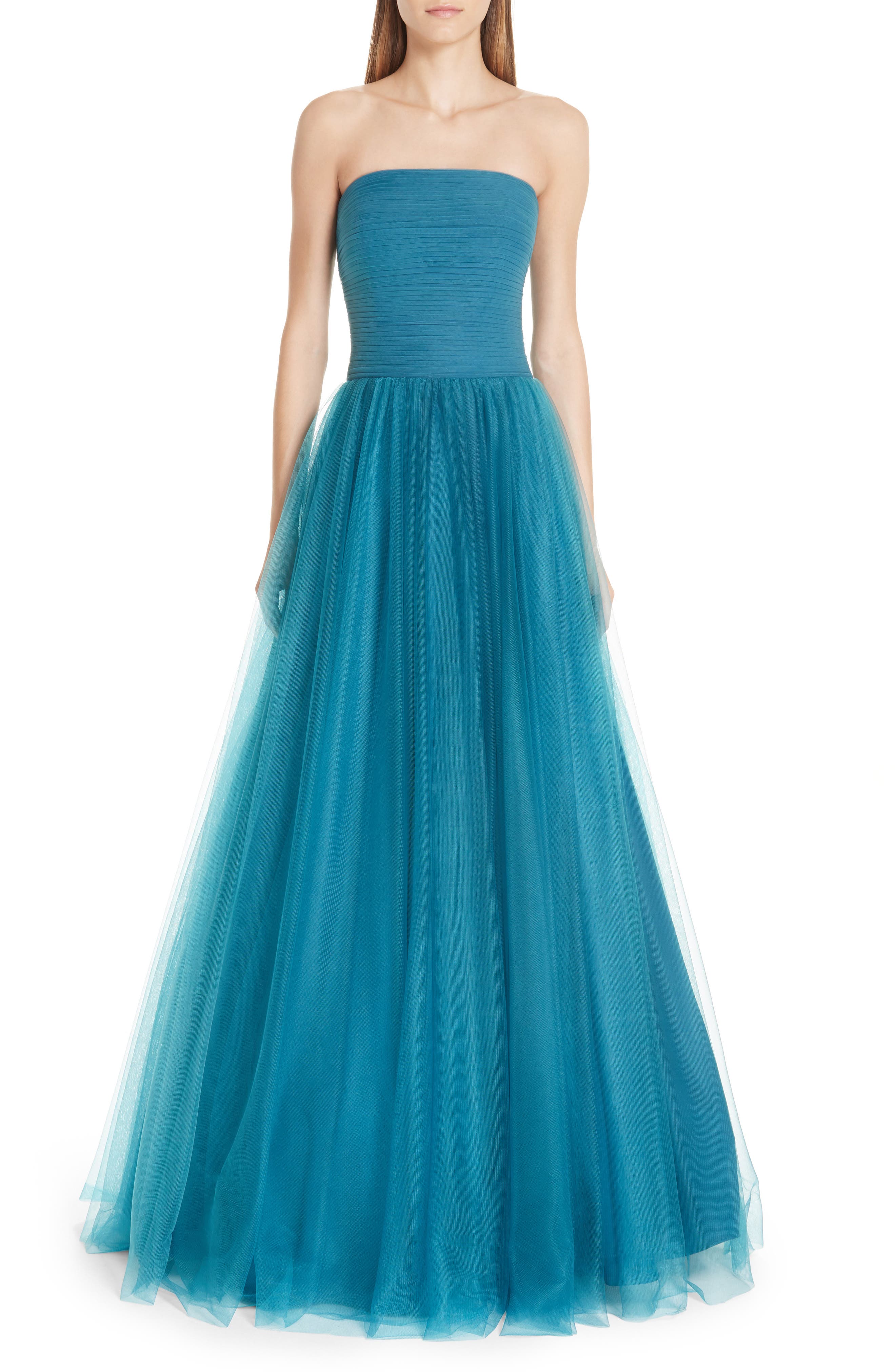 Badgley Mischka Collection Strapless Tulle Ballgown, Blue/green