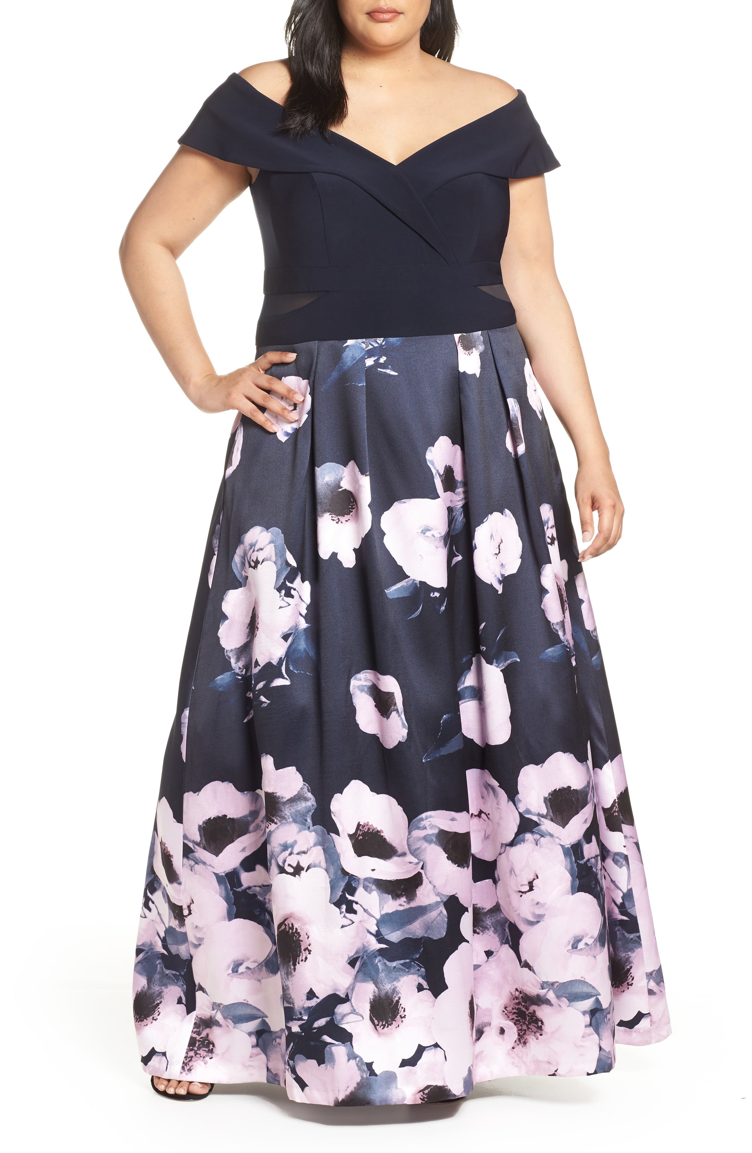 Plus Size Xscape Mesh Inset Floral Evening Gown, Blue