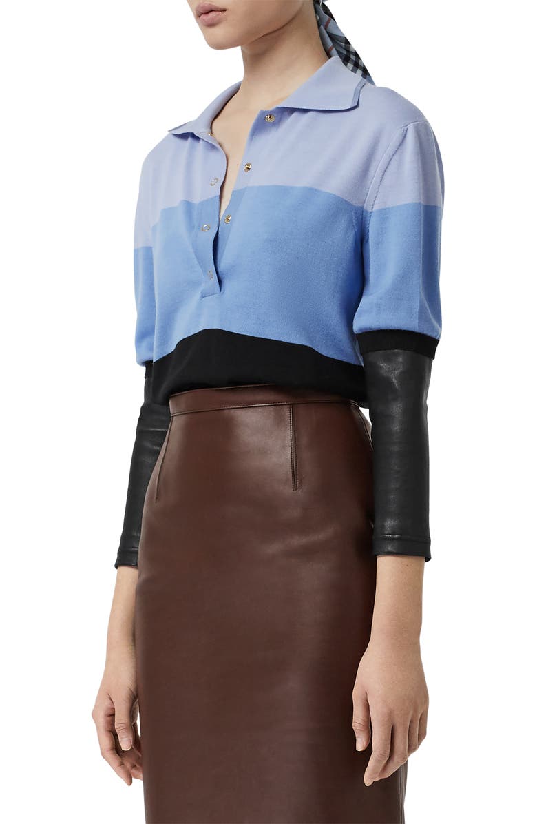 BURBERRY COLORBLOCK LEATHER SLEEVE POLO SWEATER,4548471