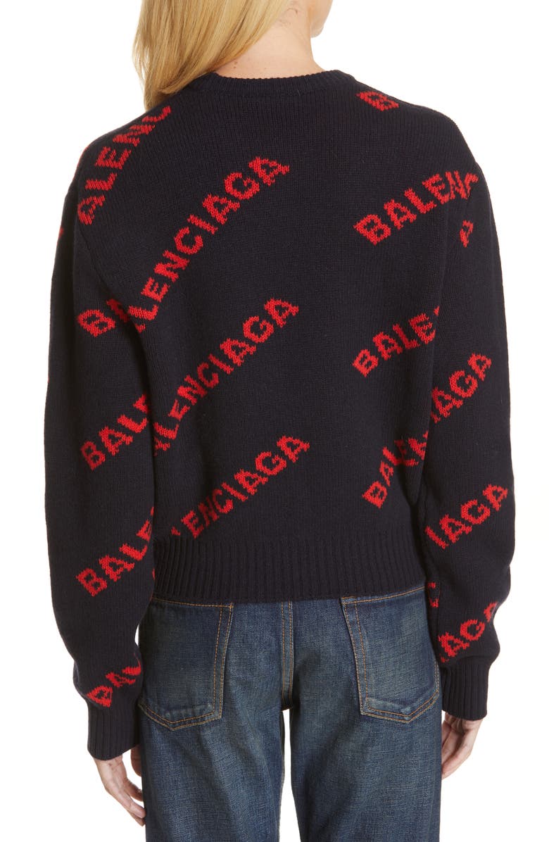 Balenciaga Logo Jacquard Wool Blend Crop Sweater In Navy | ModeSens
