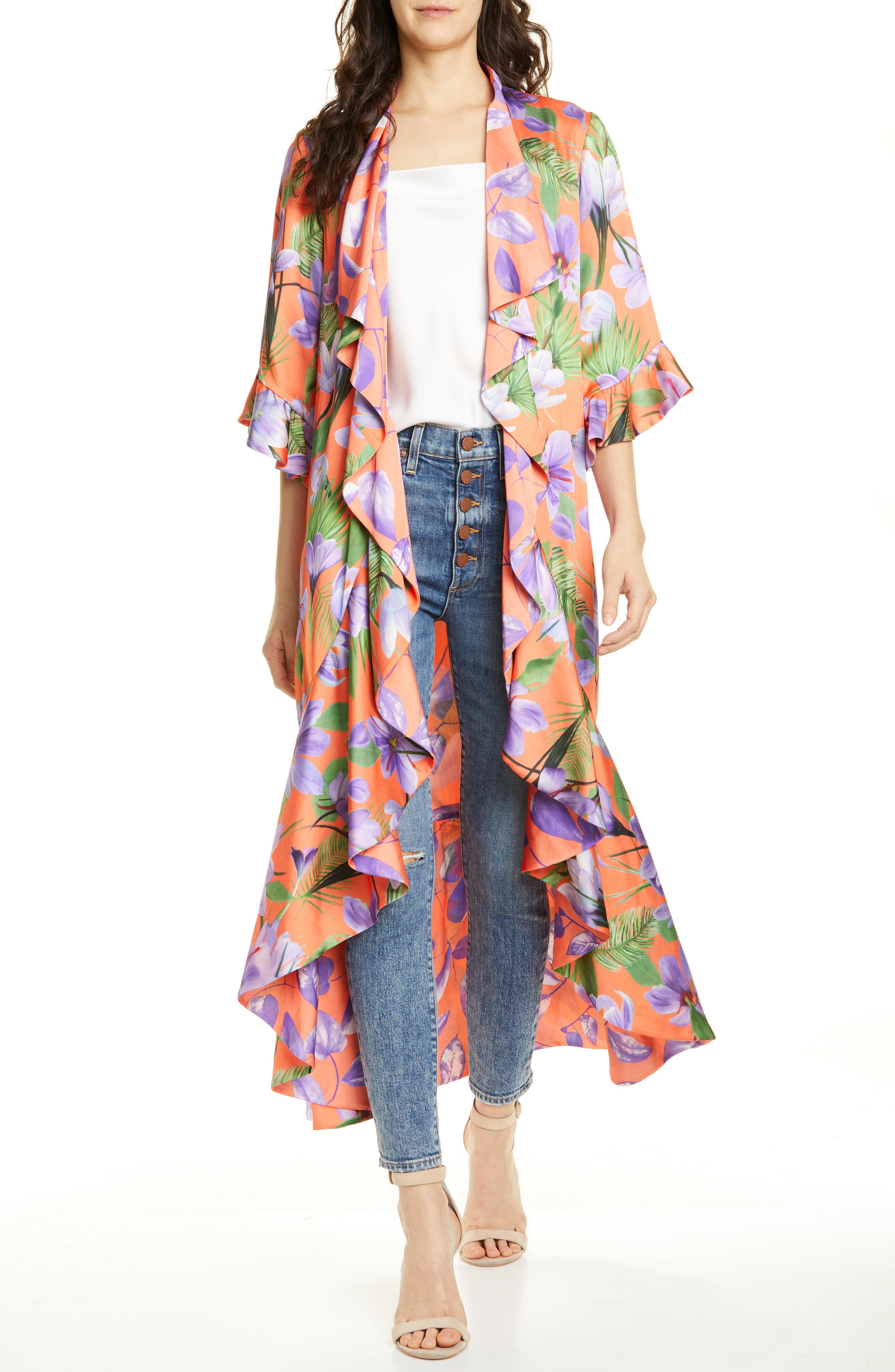 Alice + Olivia Dandi Floral Print Reversible Ruffle Duster, Orange