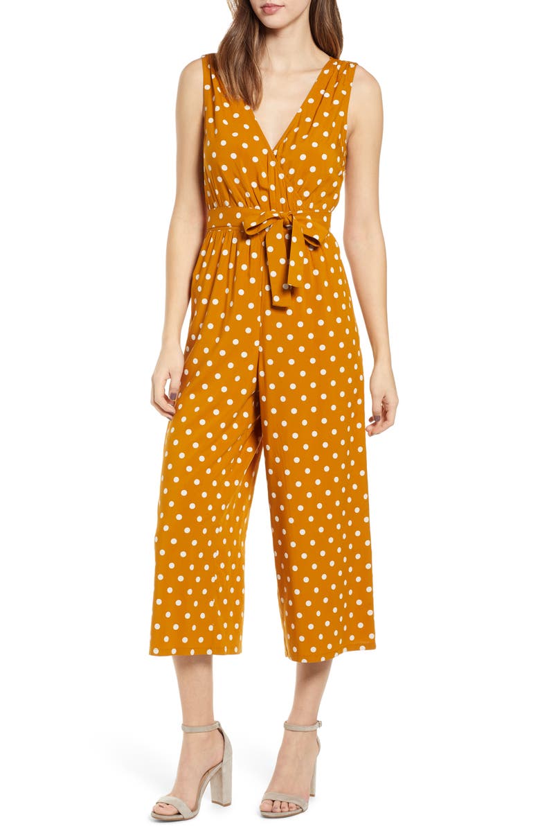 BP. Polka Dot Jumpsuit, Main, color, BROWN BUCKTHORN POLKA DOT