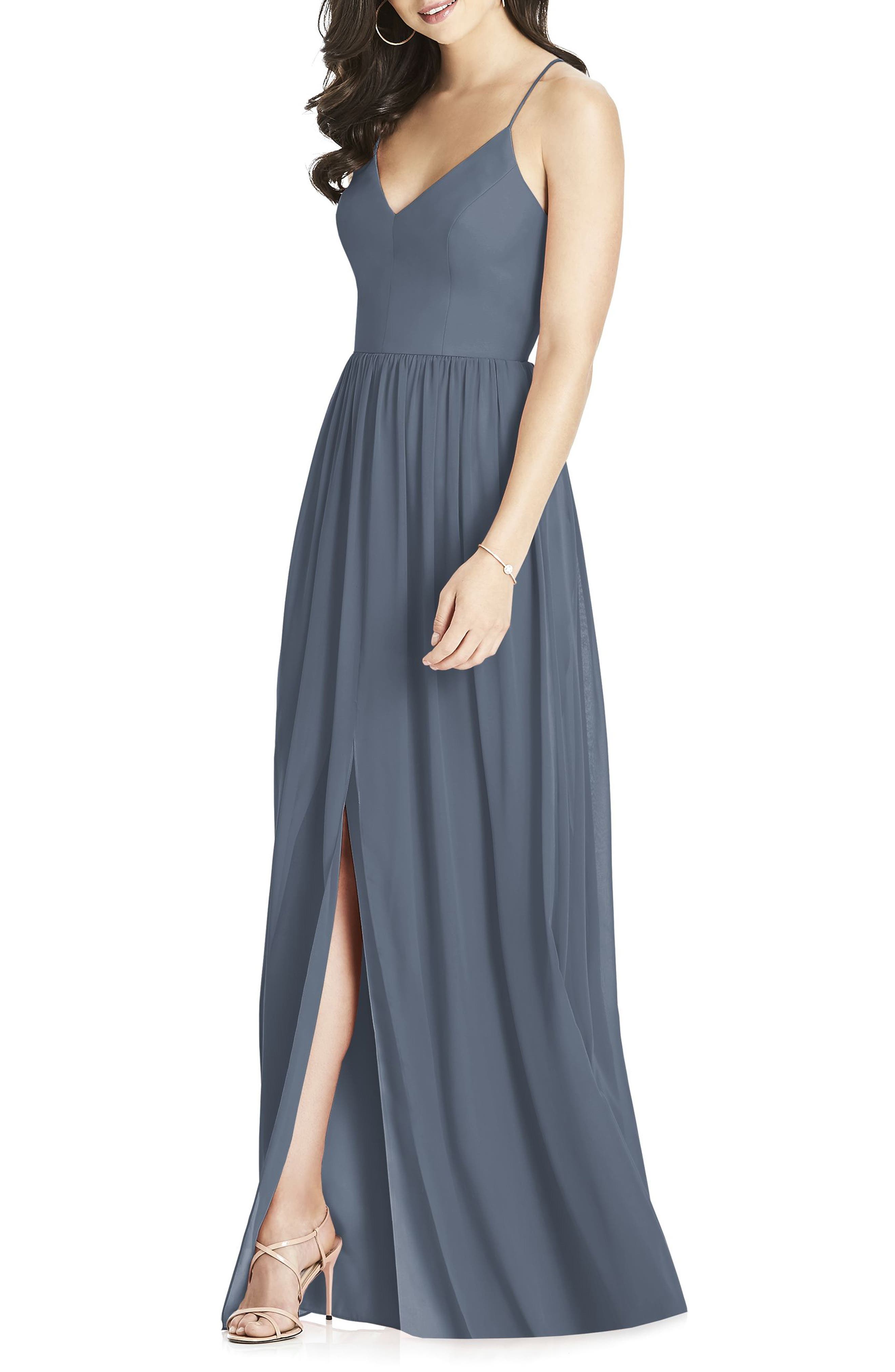 Dessy Collection Spaghetti Strap Chiffon Gown, Grey