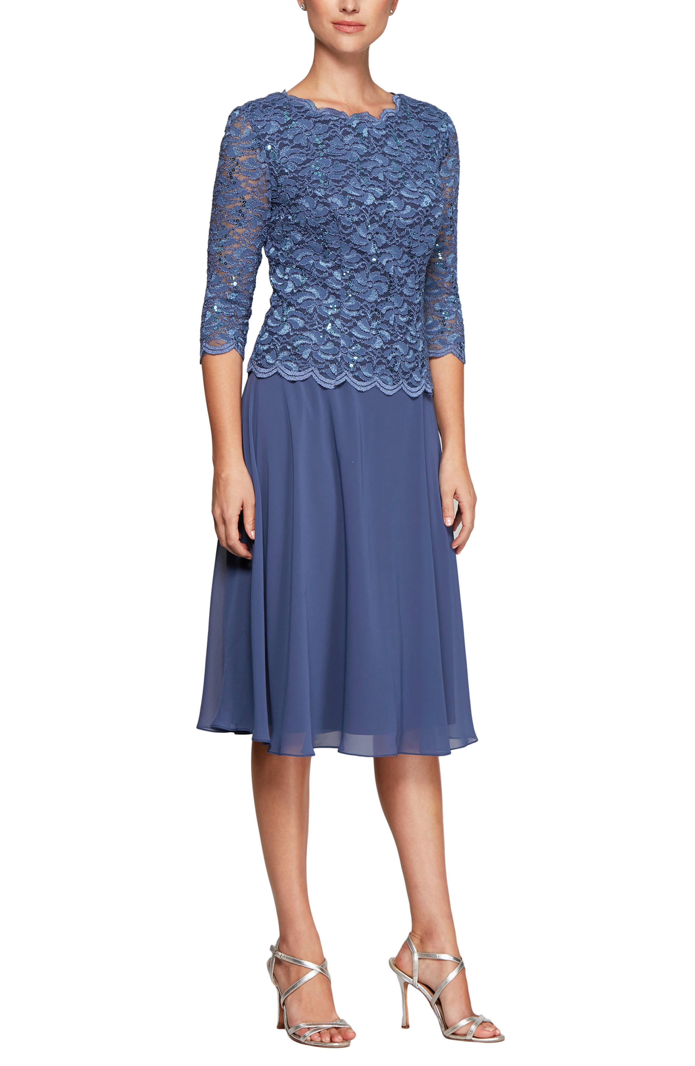 Alex Evenings Mock Two-Piece Tea Length Dress, Blue