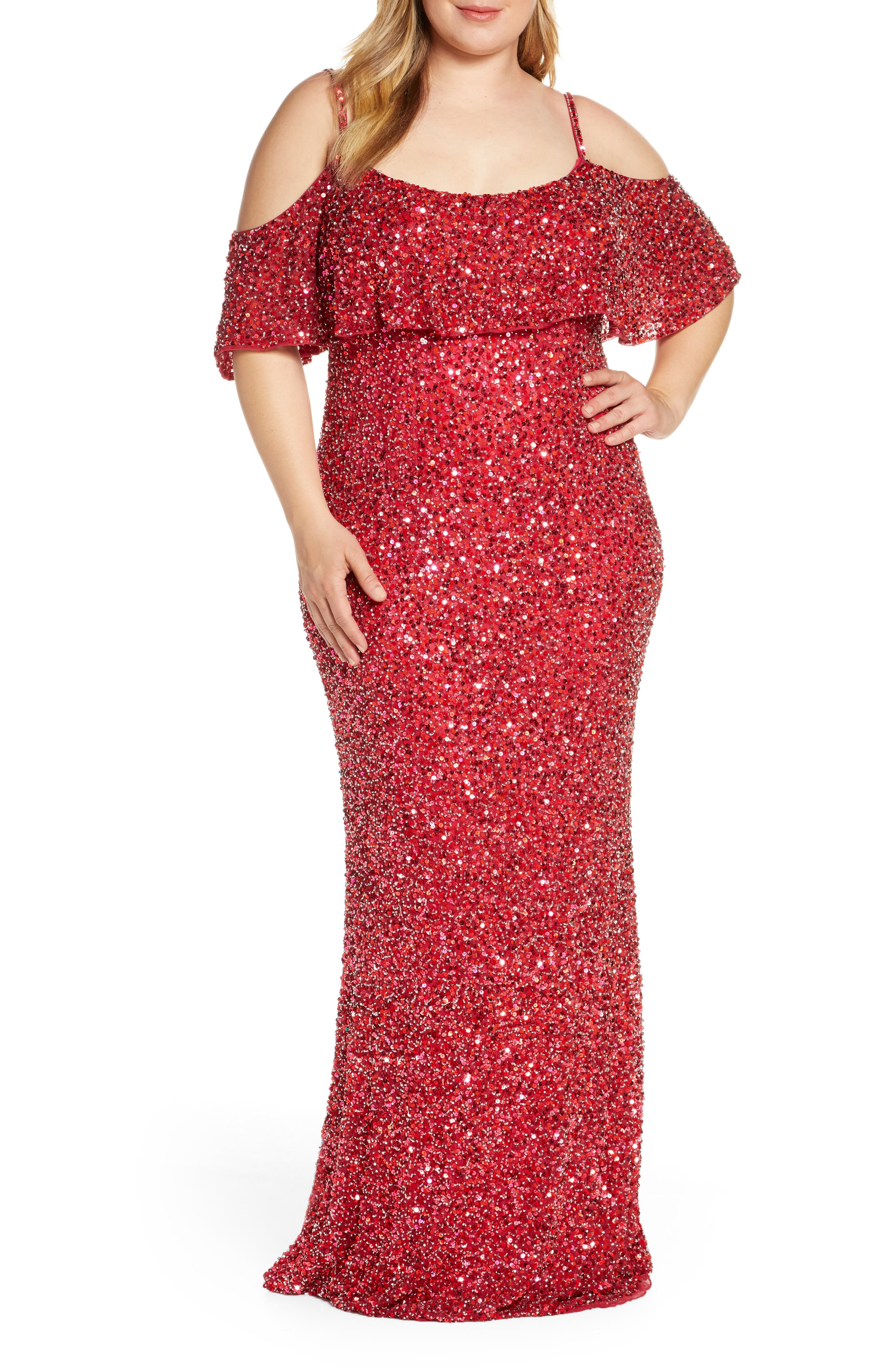 Plus Size MAC Duggal Sequin Cold Shoulder Popover Evening Gown, Red